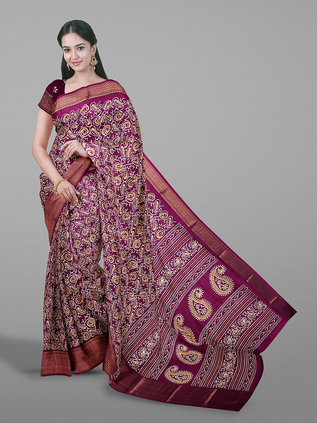 

Kalamandir Paisley Printed Zari Silk Blend Saree, Purple