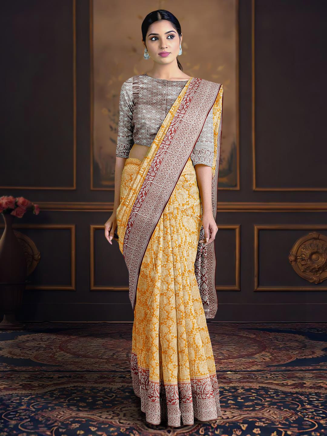 

Kalamandir Floral Printed Silk Blend Saree, Mustard