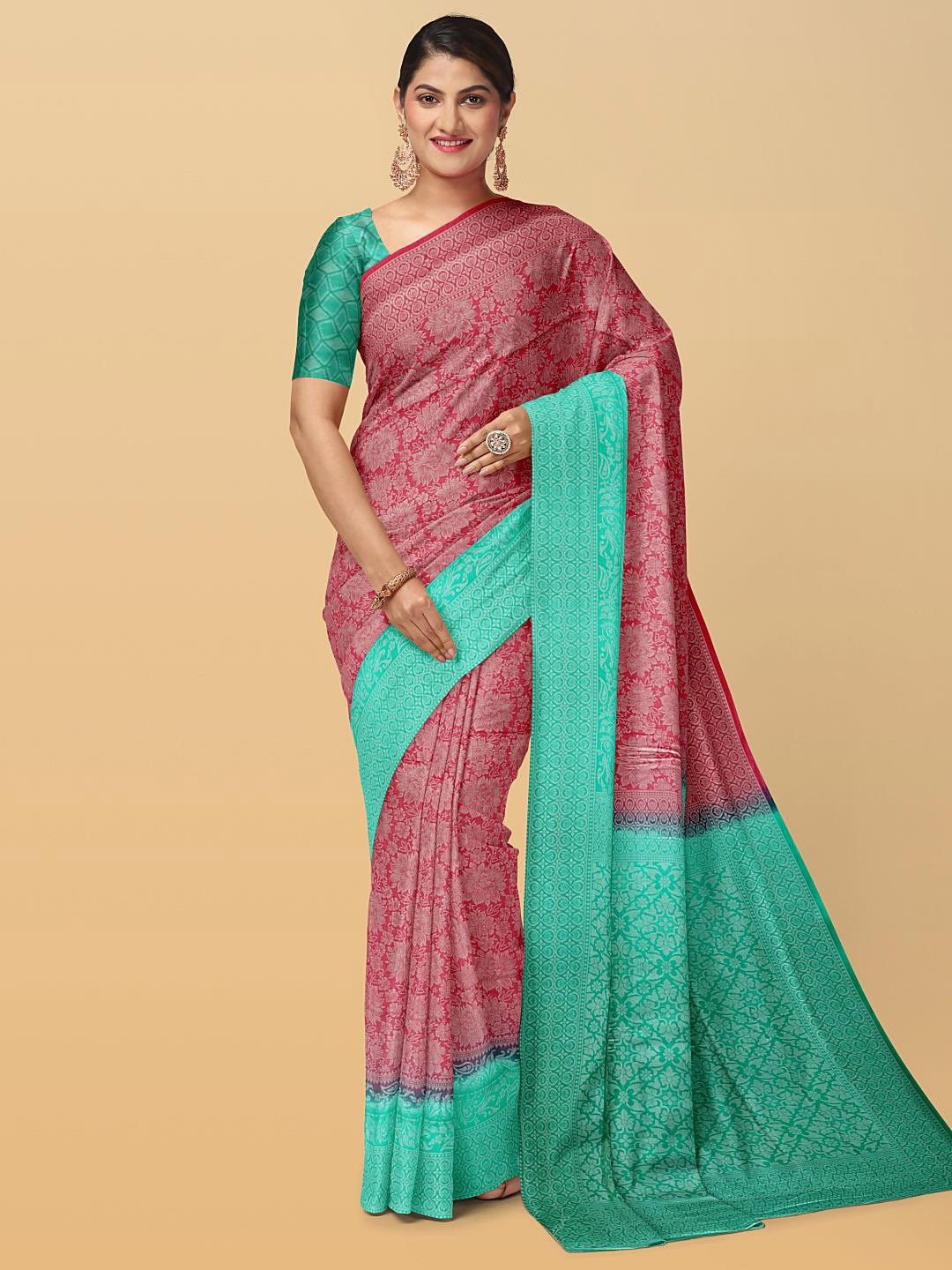 

Kalamandir Floral Silk Blend Fusion Saree, Red