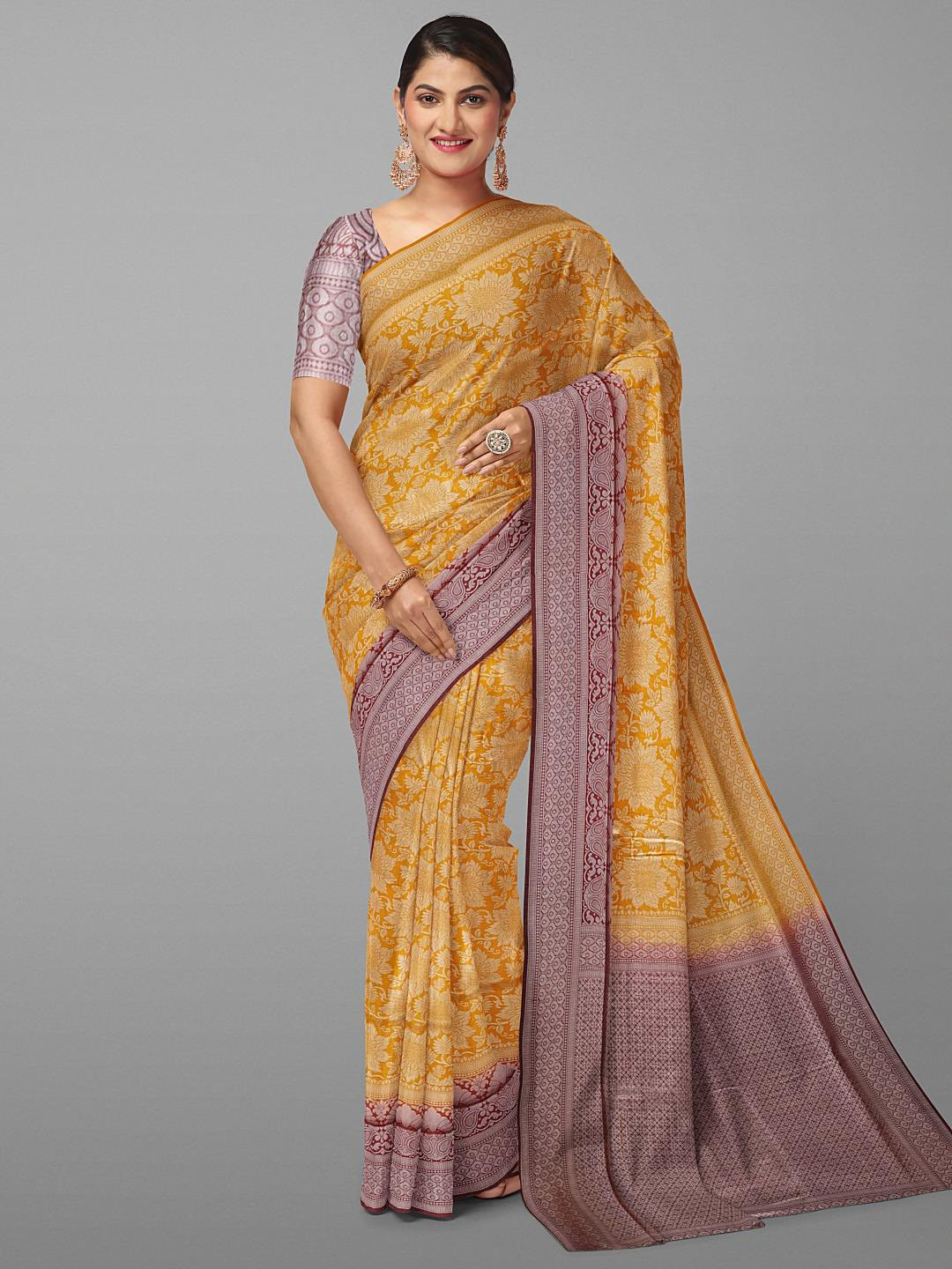 

Kalamandir Floral Printed Silk Blend Fusion Saree, Mustard