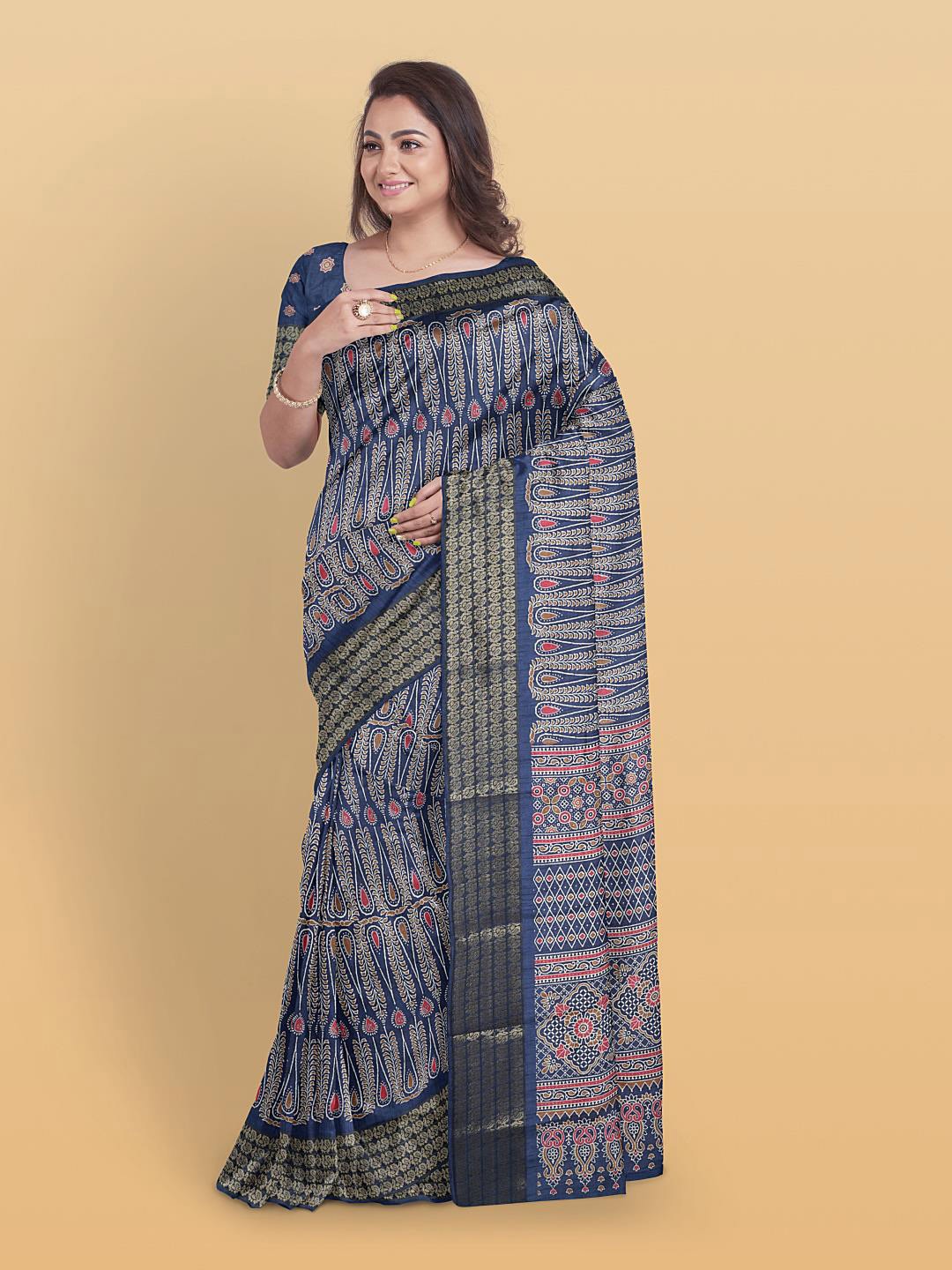 

Kalamandir Paisley Printed Zari Silk Blend Saree, Navy blue