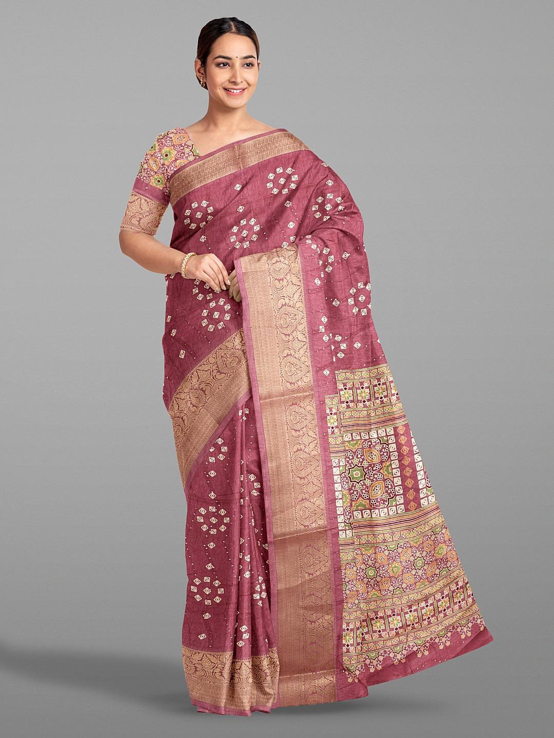 

Kalamandir Bandhani Printed Zari Saree, Pink