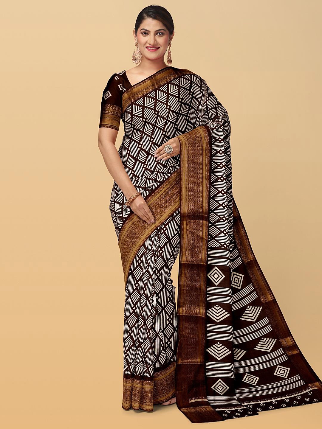 

Kalamandir Geometric Printed Zari Saree, Brown