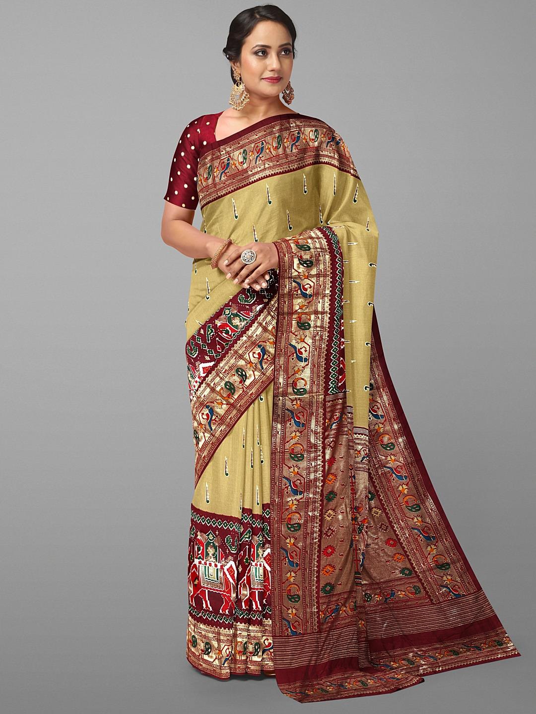 

Kalamandir Ethnic Motifs Printed Zari Silk Blend Saree, Beige