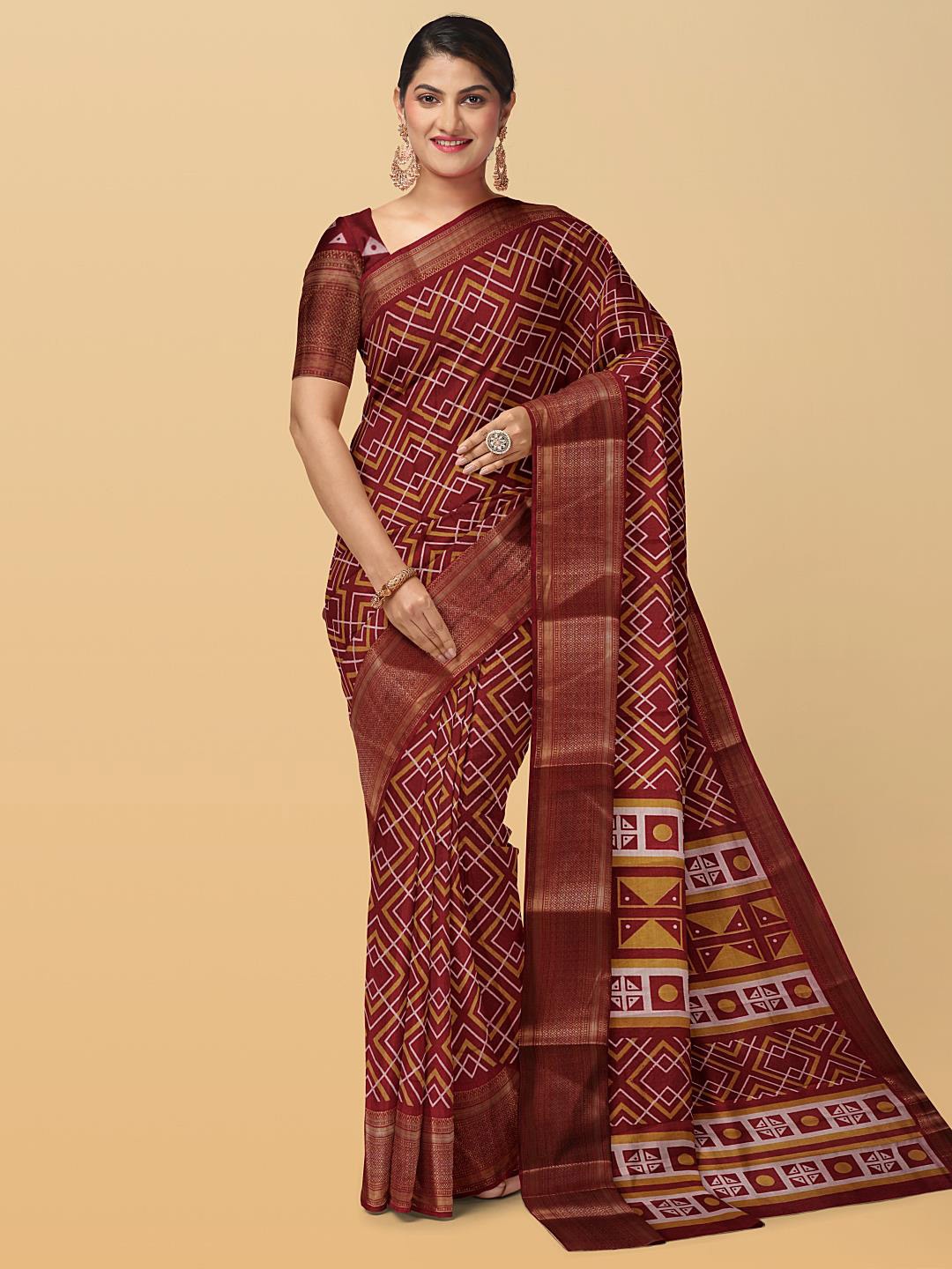 

Kalamandir Geometric Printed Zari Silk Blend Saree, Maroon