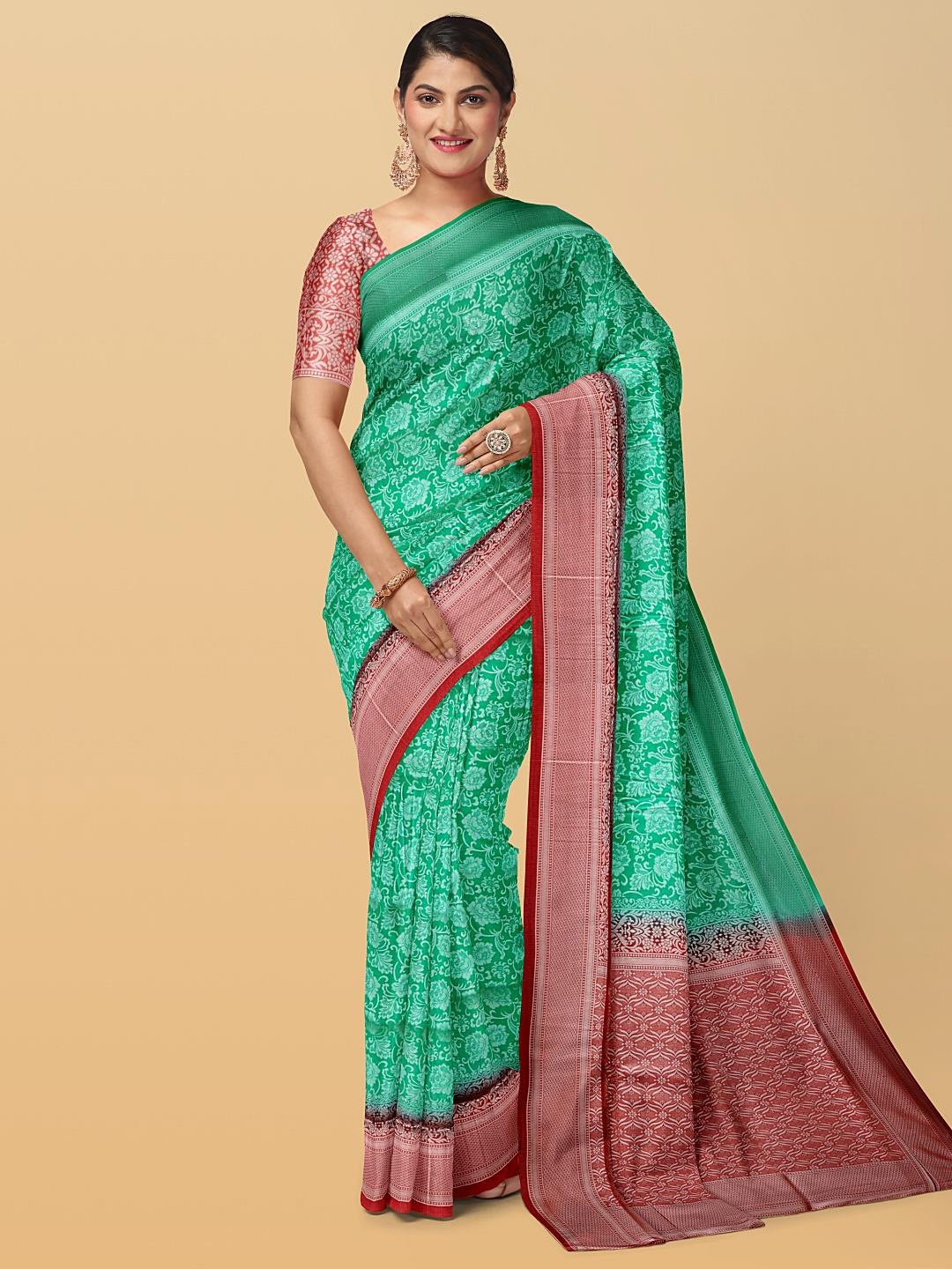 

Kalamandir Floral Printed Zari Silk Blend Saree, Sea green