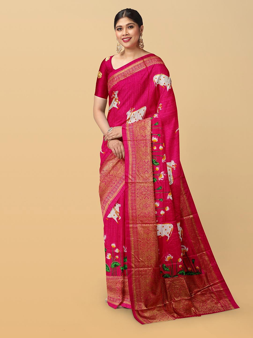 

Kalamandir Ethnic Motifs Printed Zari Silk Blend Saree, Pink