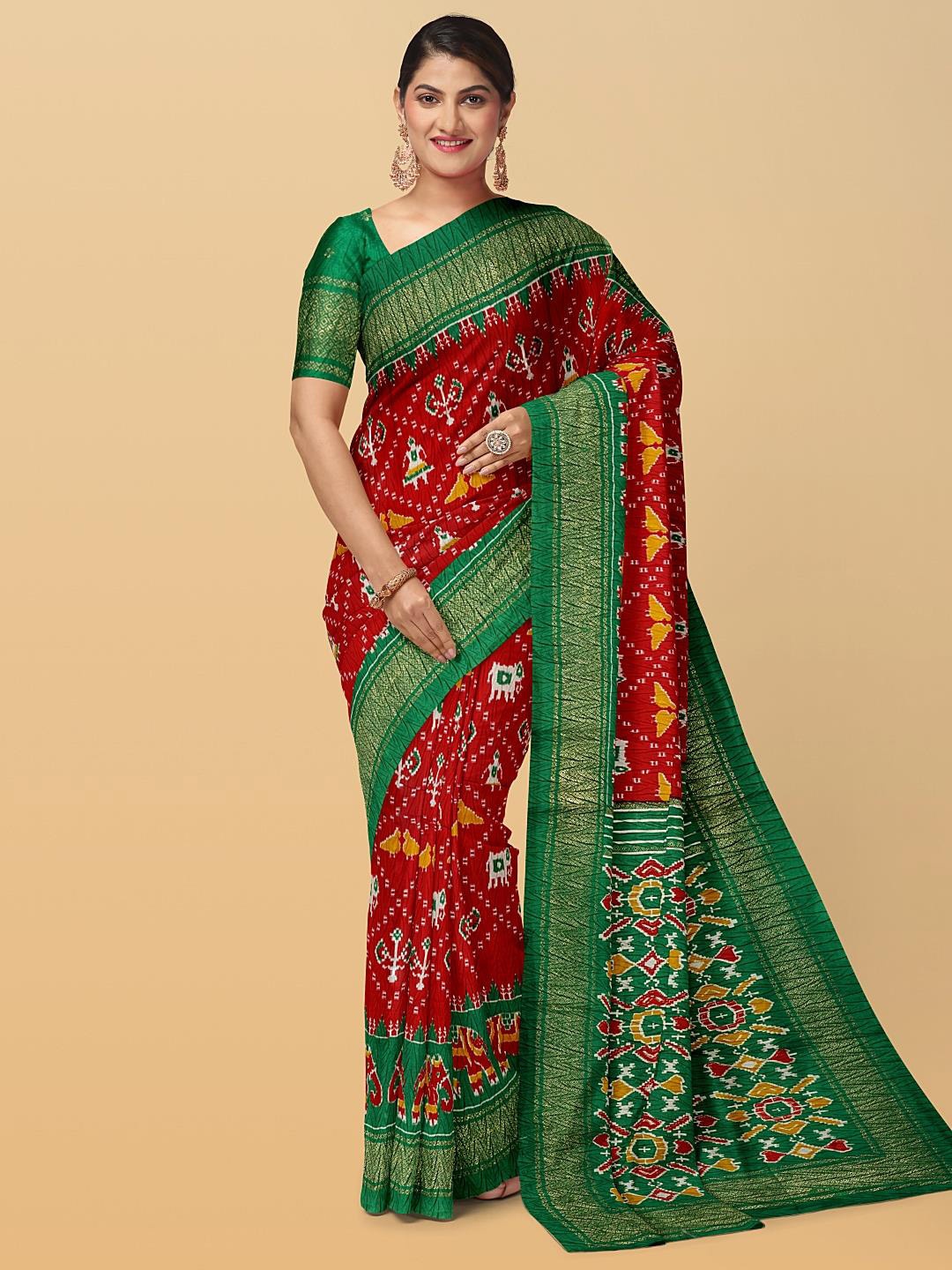 

Kalamandir Ethnic Motifs Printed Zari Silk Blend Saree, Red