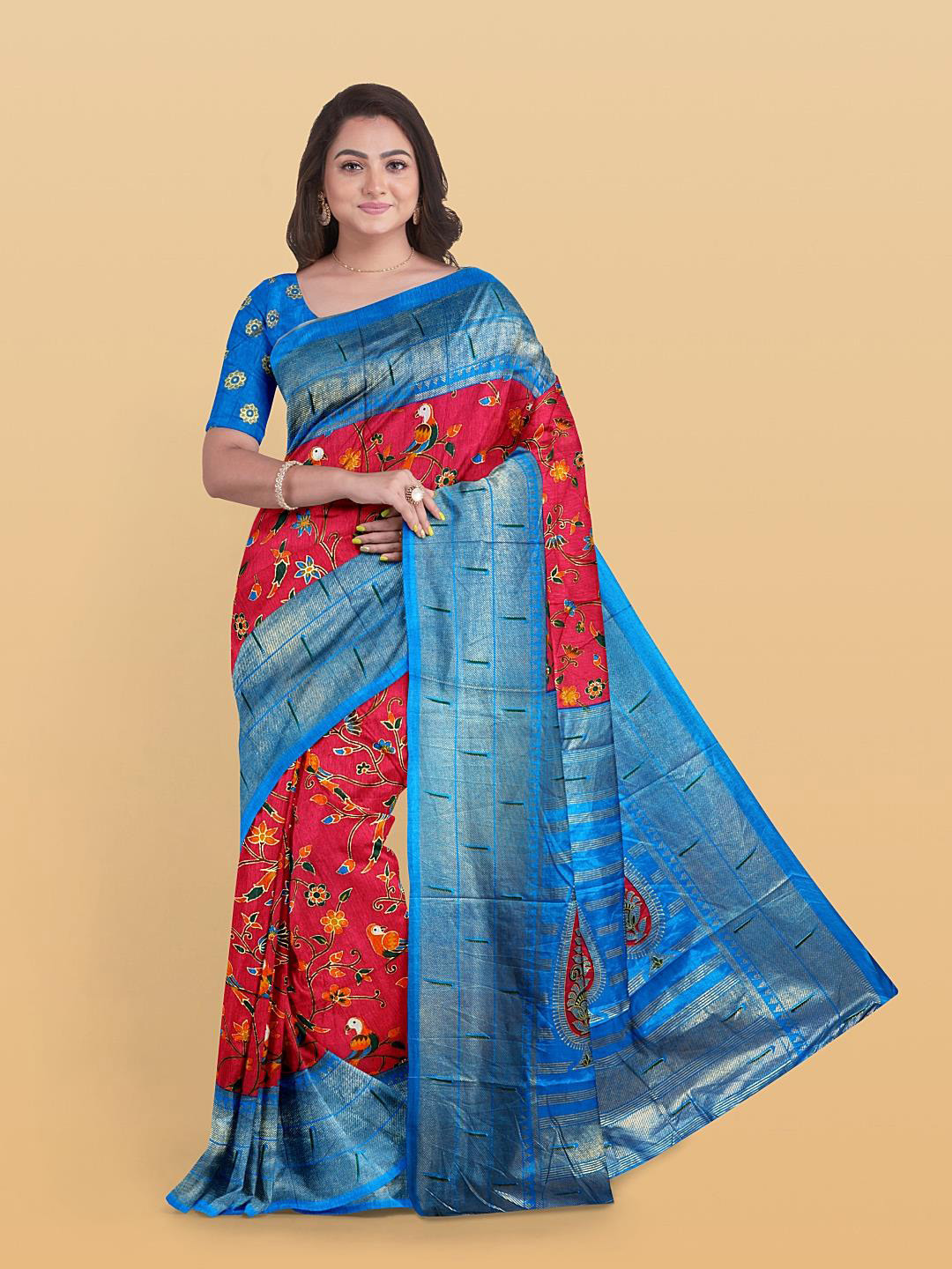 

Kalamandir Pink & Blue Ethnic Motifs Zari Silk Blend Saree