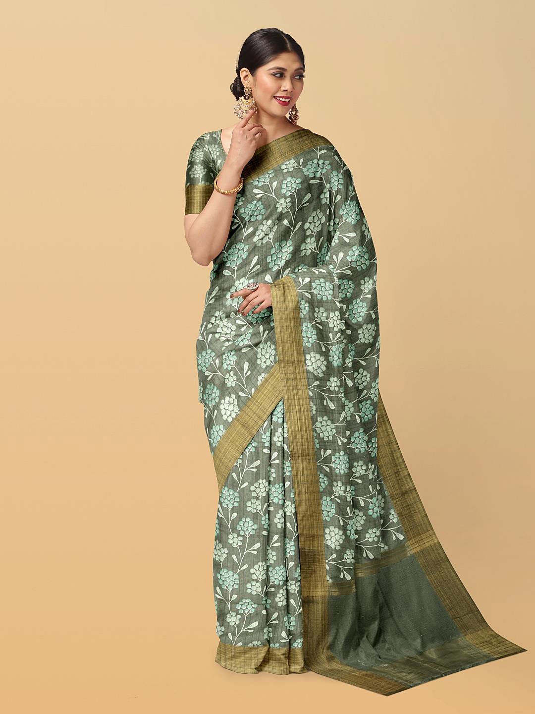 

Kalamandir Floral Zari Printed Saree, Green