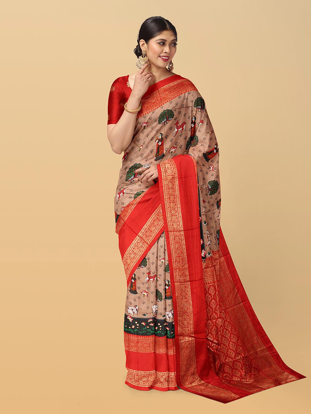 

Kalamandir Ethnic Motifs Printed Zari Silk Blend Saree, Brown