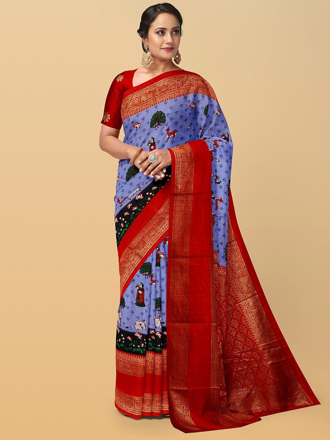 

Kalamandir Lavender & Red Zari Silk Blend Saree