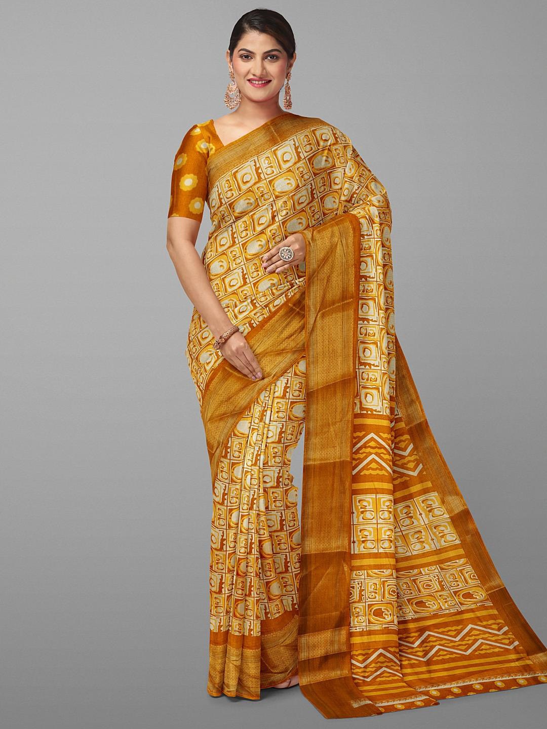 

Kalamandir Abstract Printed Zari Saree, Mustard
