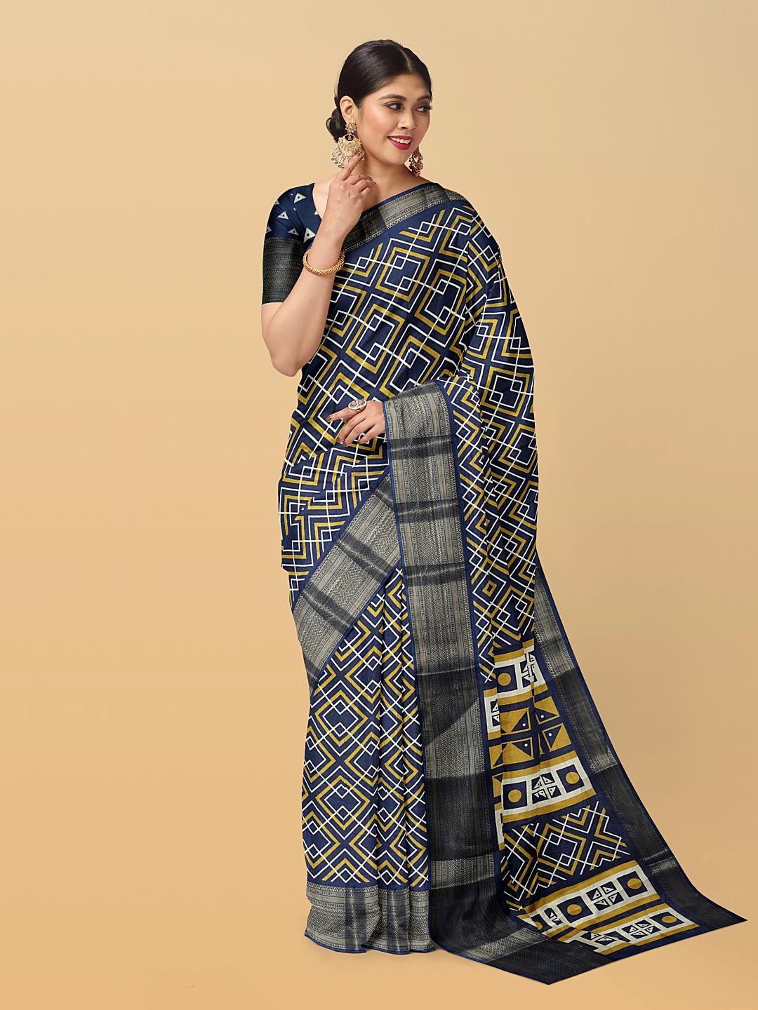 

Kalamandir Geometric Printed Zari Saree, Navy blue