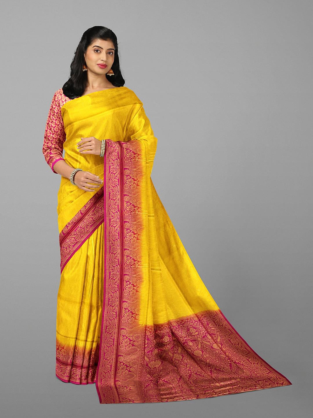 

Kalamandir Woven Design Border Silk Blend Saree, Yellow