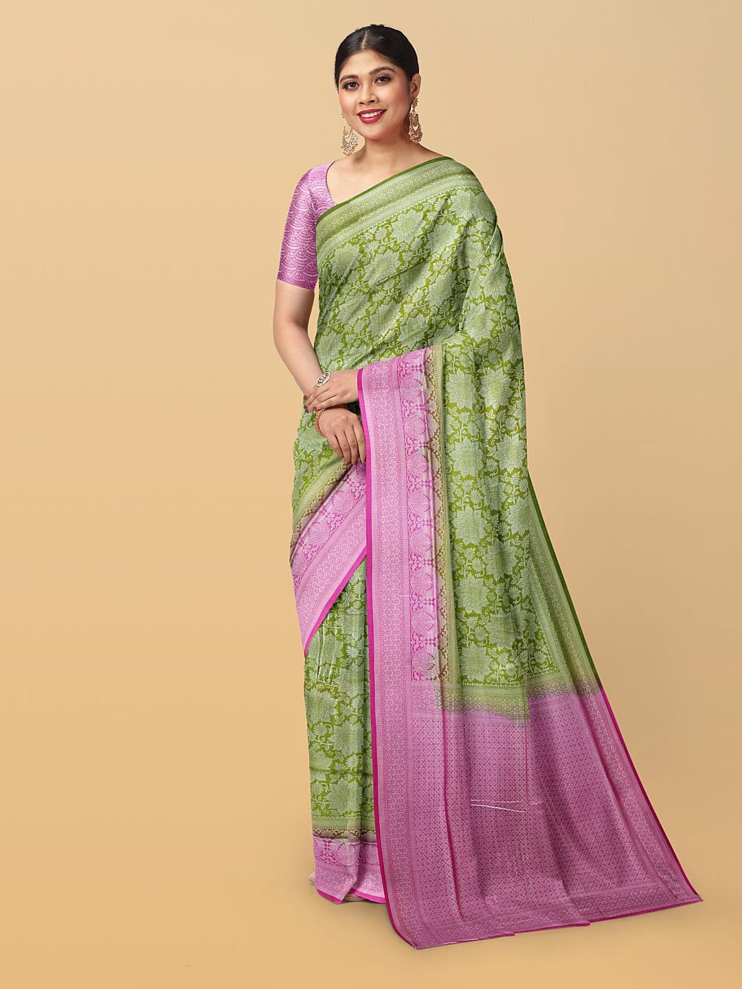 

Kalamandir Floral Printed Saree, Olive