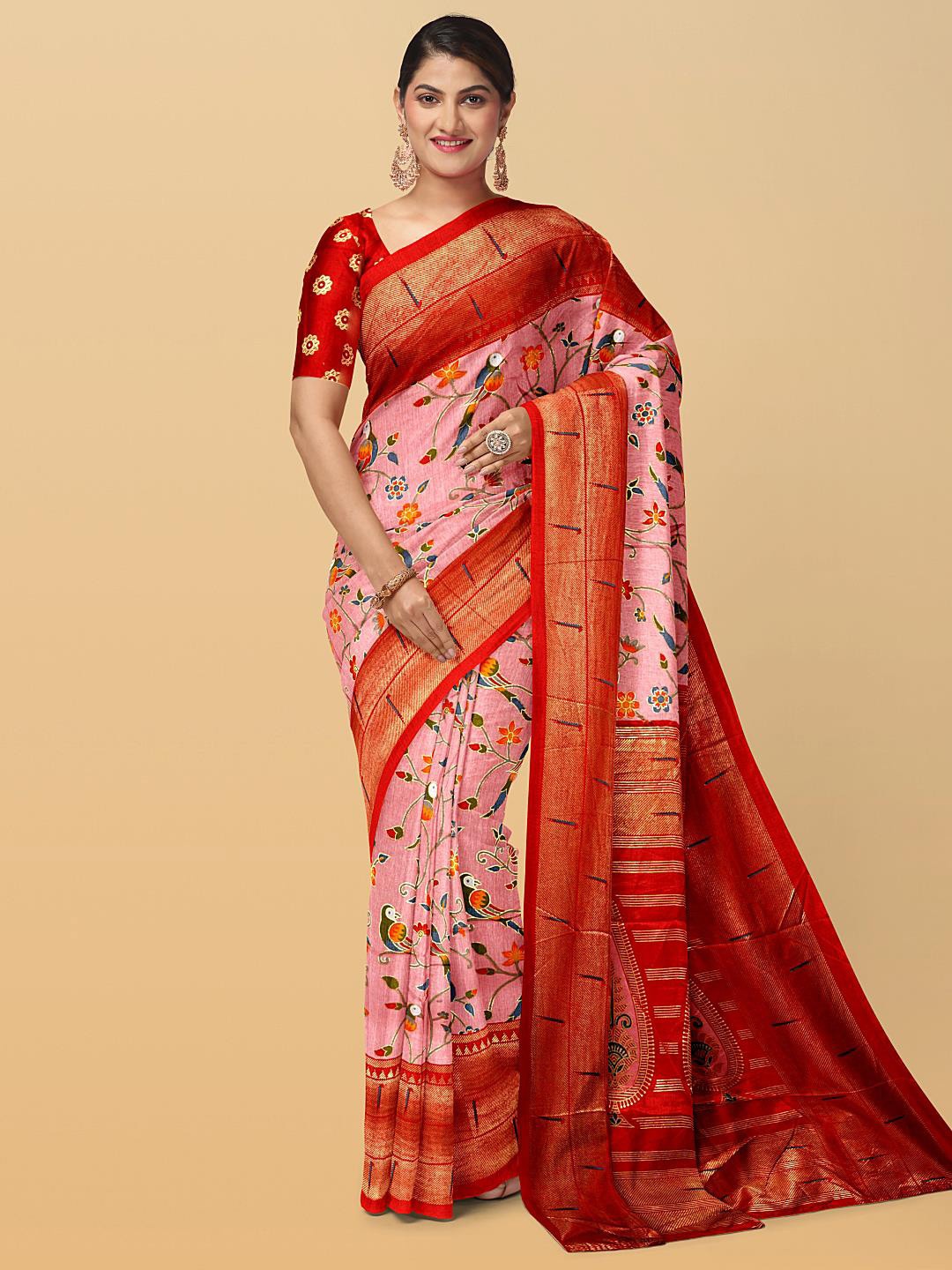 

Kalamandir Floral Printed Zari Silk Blend Saree, Peach