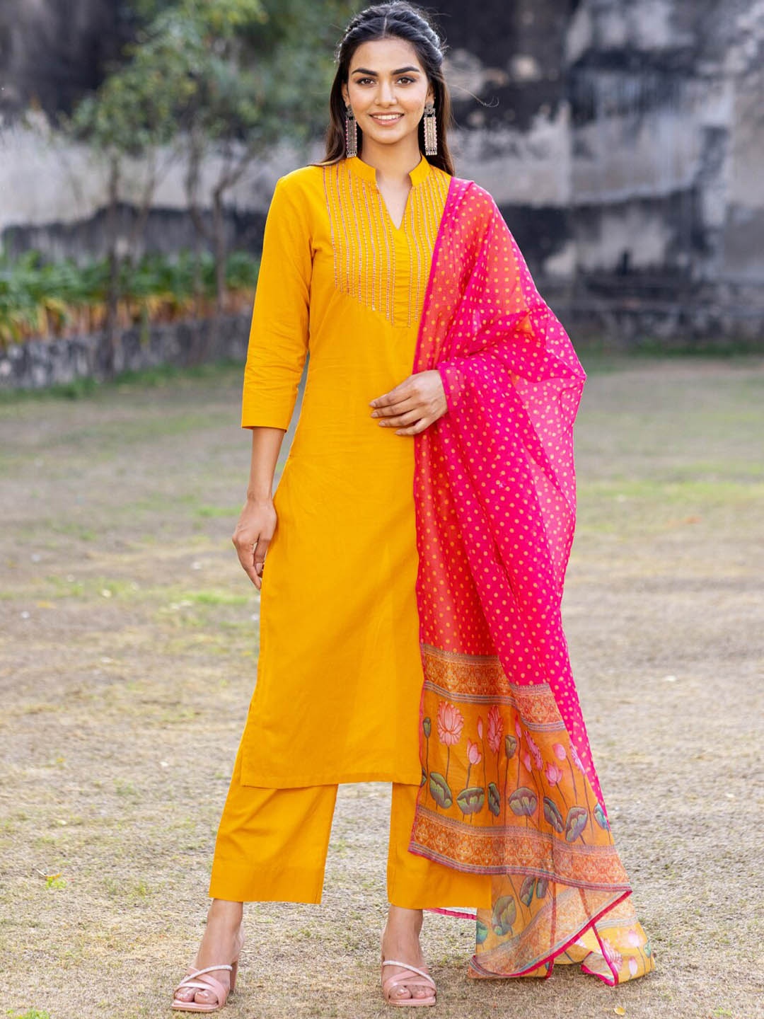

Ambraee Mandarin Collar Straight Kurta with Trousers & Dupatta, Mustard