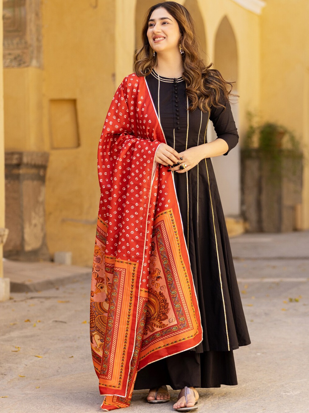 

Ambraee Gotta Patti Anarkali Kurta with Palazzos & Dupatta, Black
