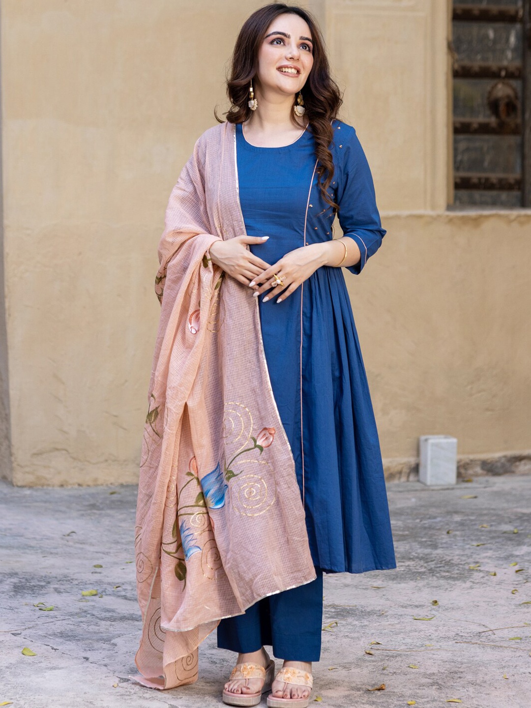 

Ambraee Thread Work Sequinned A-Line Panelled Cotton Silk Kurti with Trousers & Dupatta, Navy blue