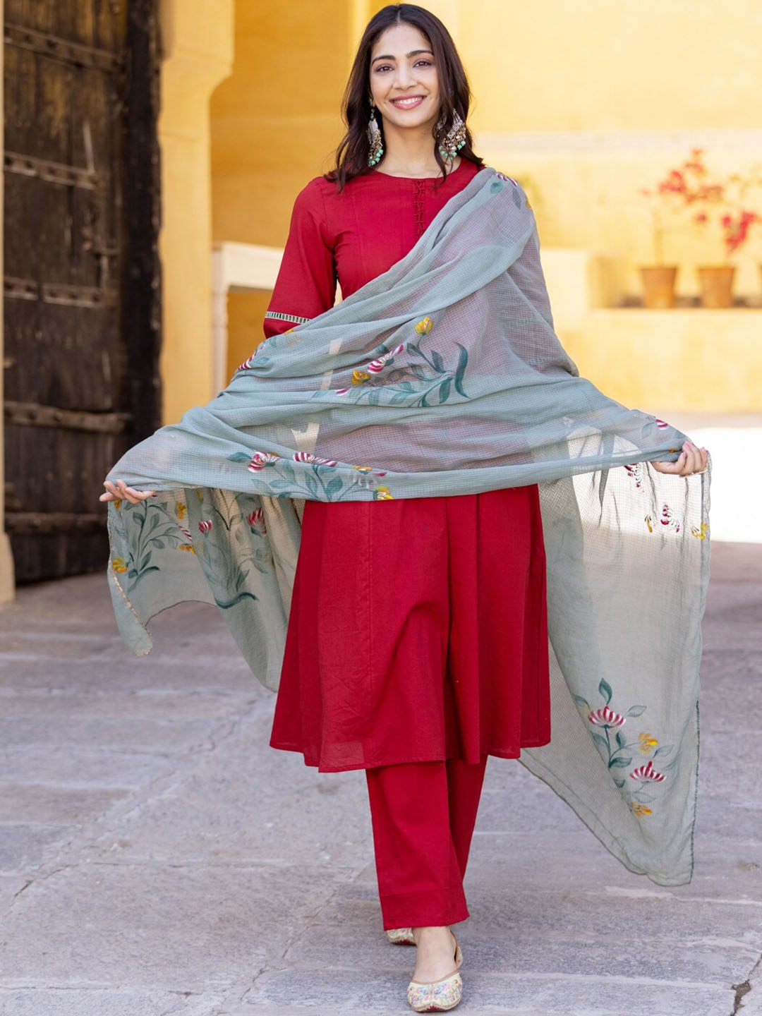 

Ambraee Lace Detail Anarkali Kurta with Trousers & Dupatta, Maroon