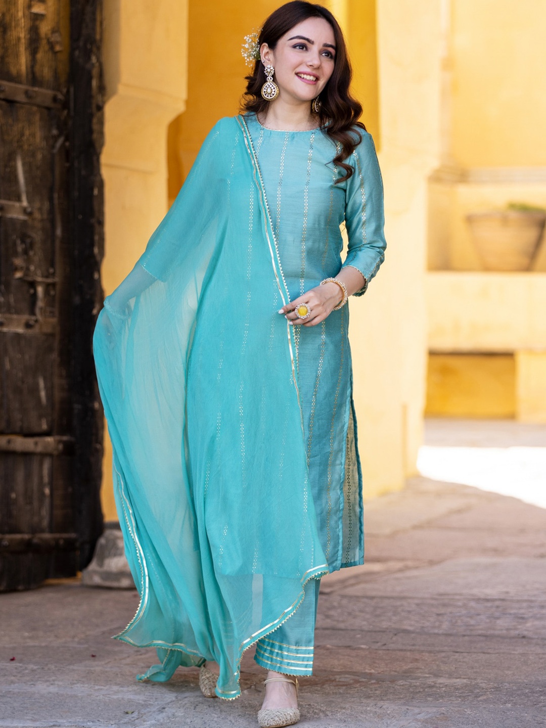 

Ambraee Regular Chanderi Cotton Kurta With Trousers & Dupatta, Teal