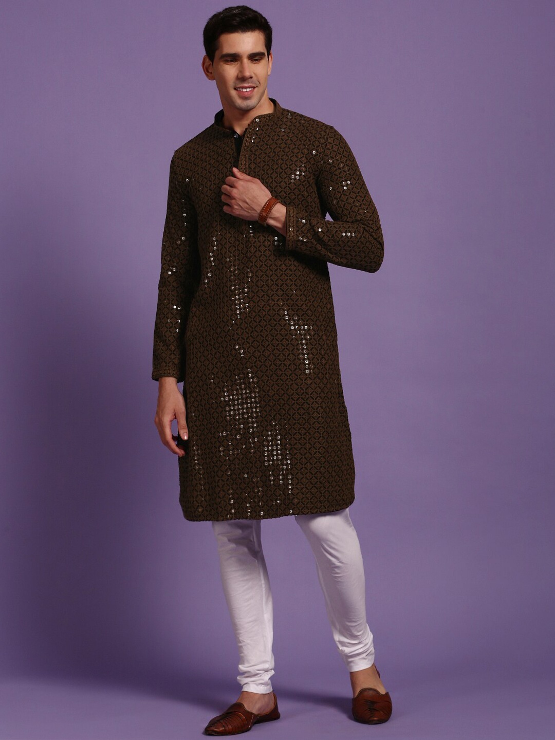 

Sanwara Ethnic Motifs Embroidered Regular Sequinned Kurta with Pyjama, Rust