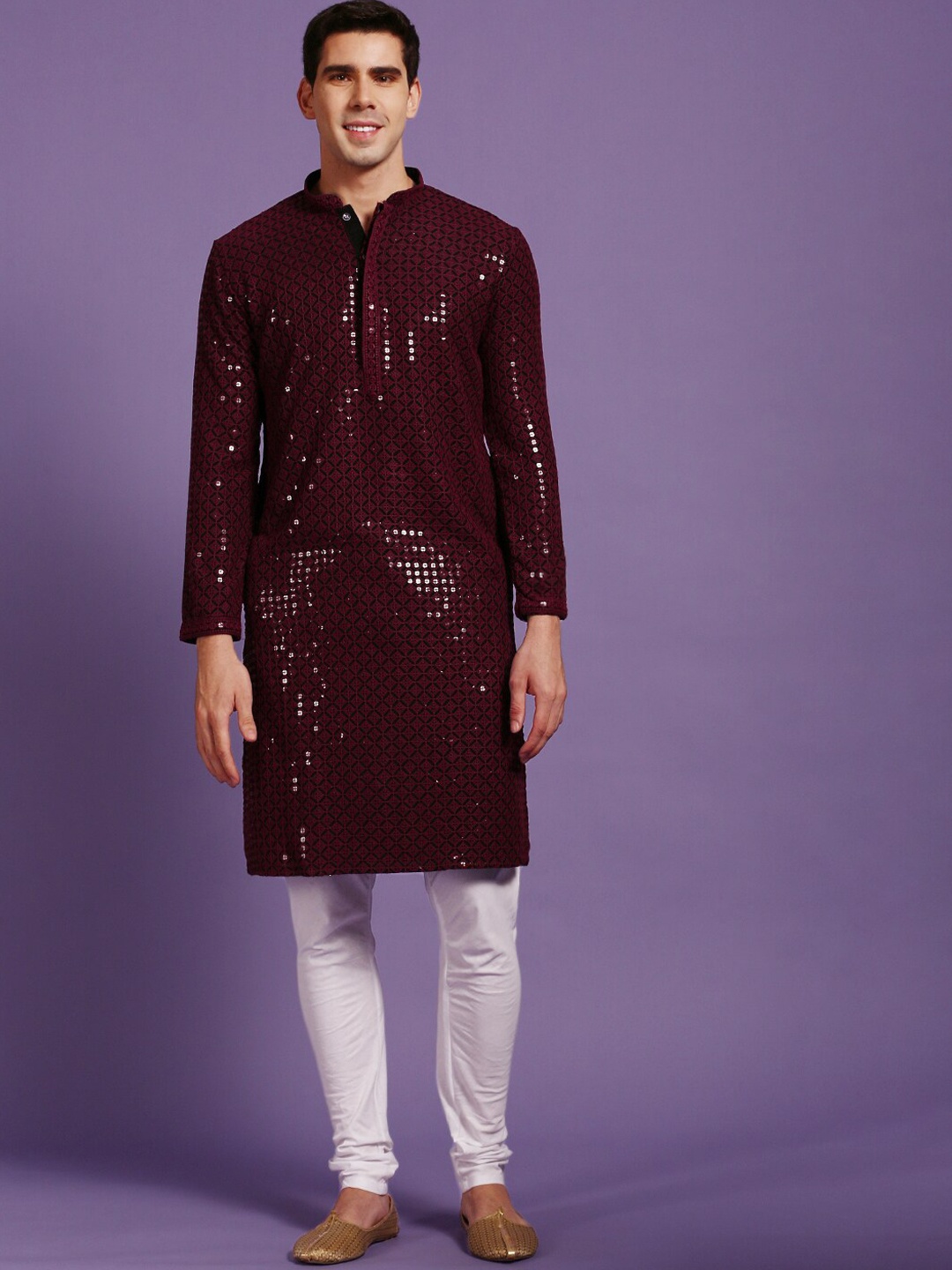 

Sanwara Ethnic Motifs Embroidered Regular Sequinned Kurta with Pyjama, Maroon