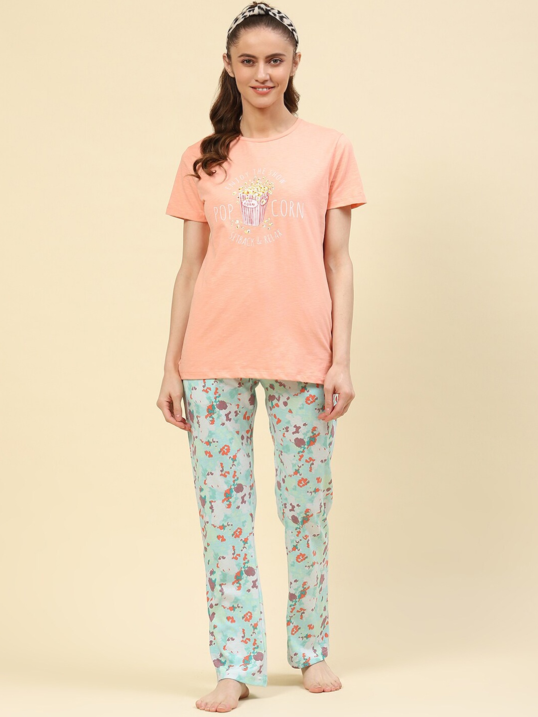 

Monte Carlo Typography Printed T-shirt With Printed Pyjamas, Peach