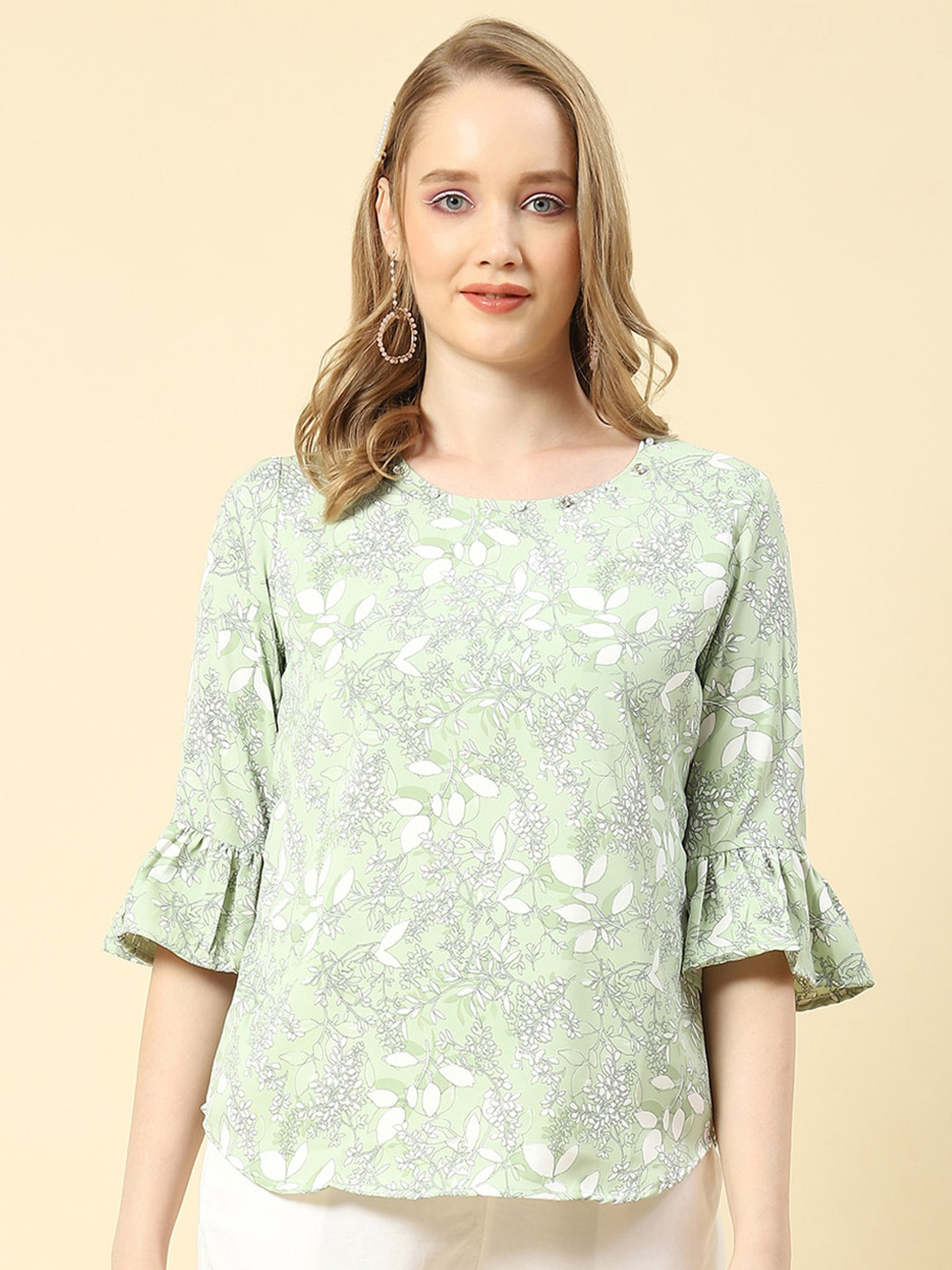 

Monte Carlo Floral Print Bell Sleeve Top, Green