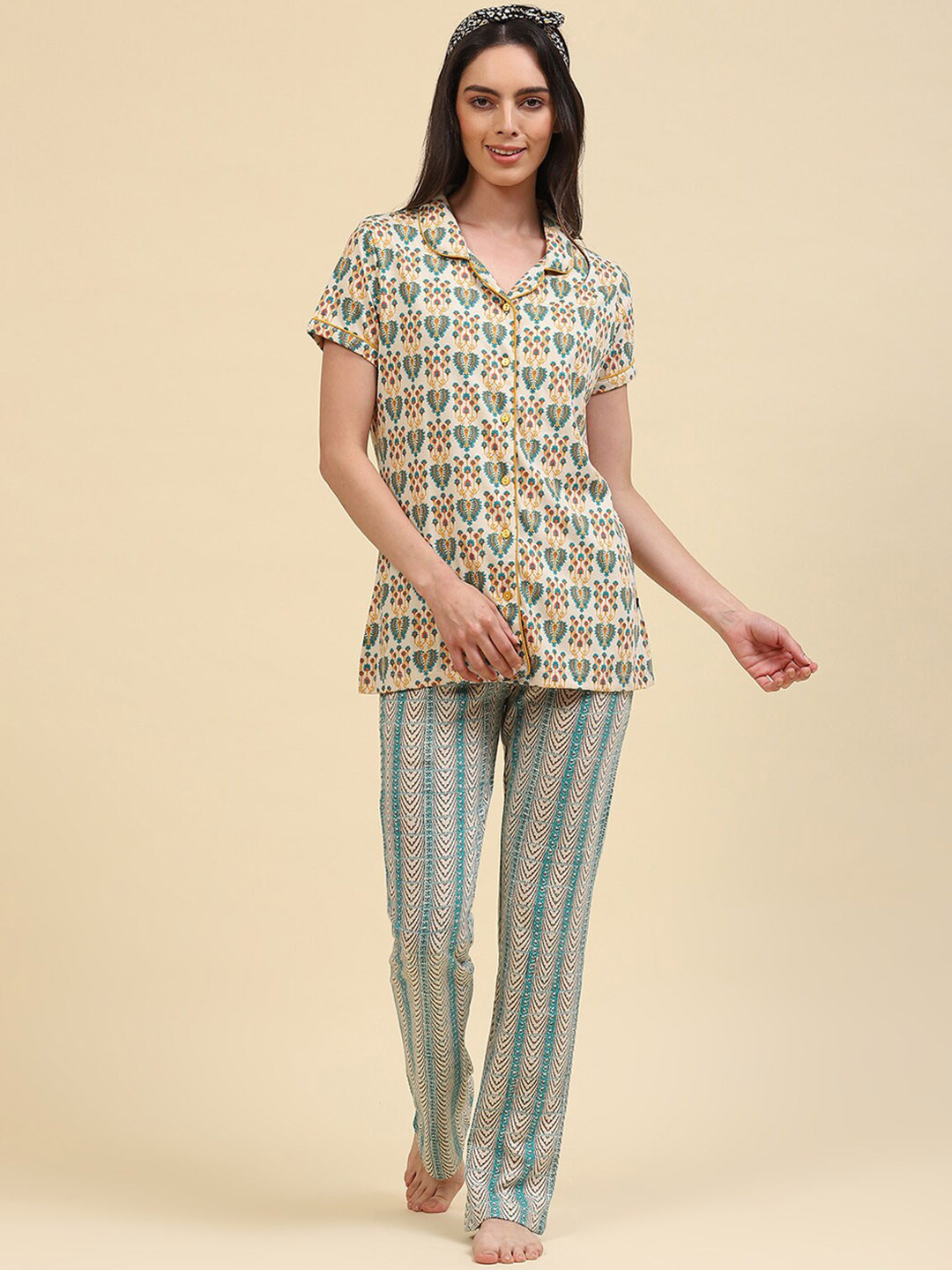 

Monte Carlo Abstract Printed Lapel Collar Shirt with Trousers, White