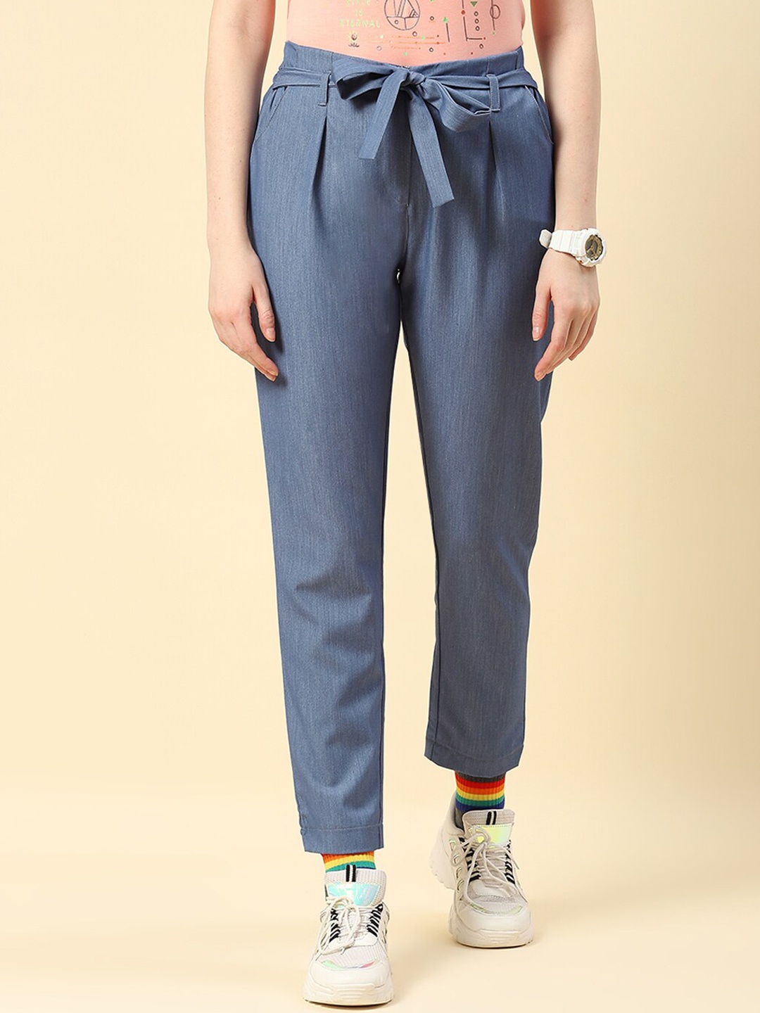 

Monte Carlo Women Pleated Regular Trousers With Belt Detail, Blue