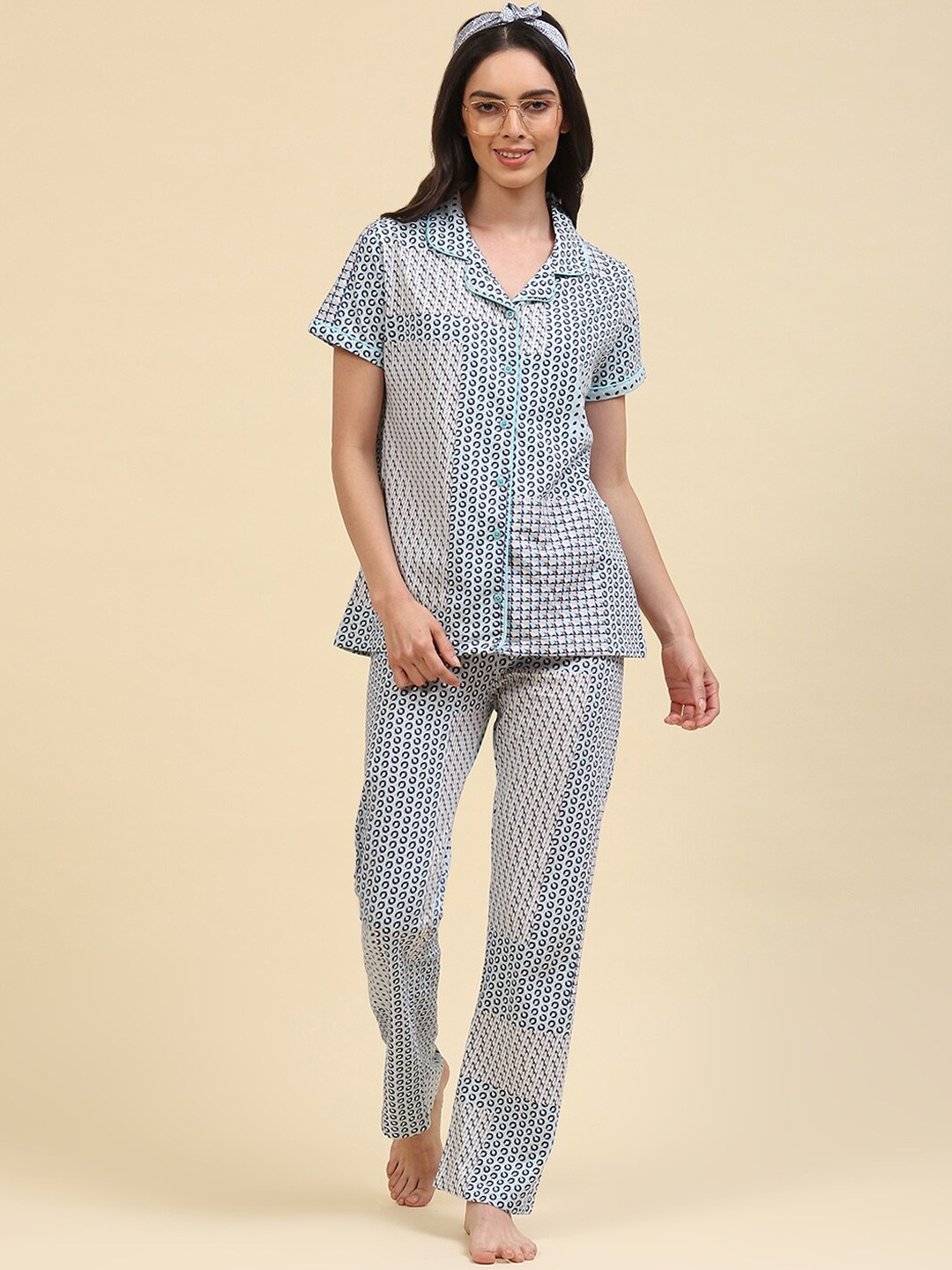 

Monte Carlo Abstract Printed Lapel Collar Shirt with Trousers, Turquoise blue