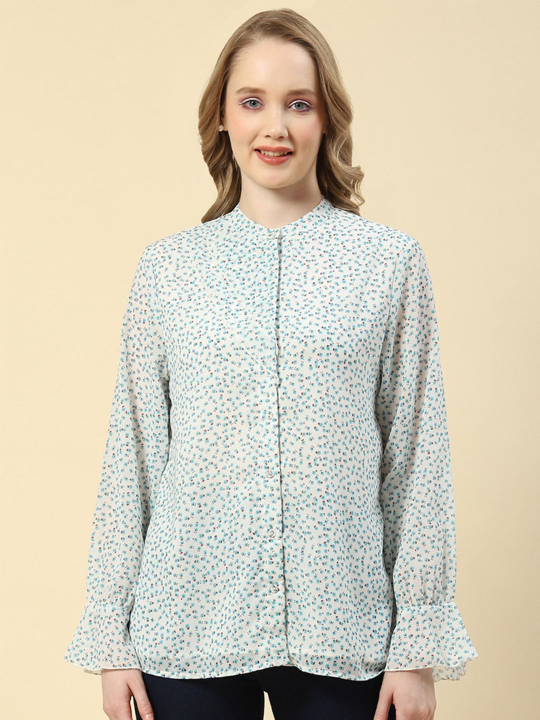 

Monte Carlo Floral Printed Mandarin Collar Shirt Style Top, Off white