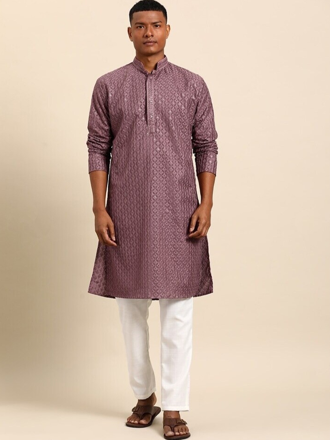 

Molly & Michel Ethnic Motifs Sequinned Embroidered Silk Kurta, Burgundy
