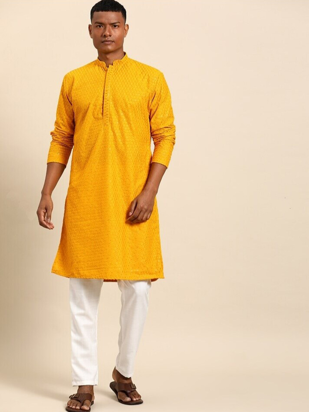 

Molly & Michel Ethnic Motifs Sequinned Embroidered Silk Kurta, Yellow