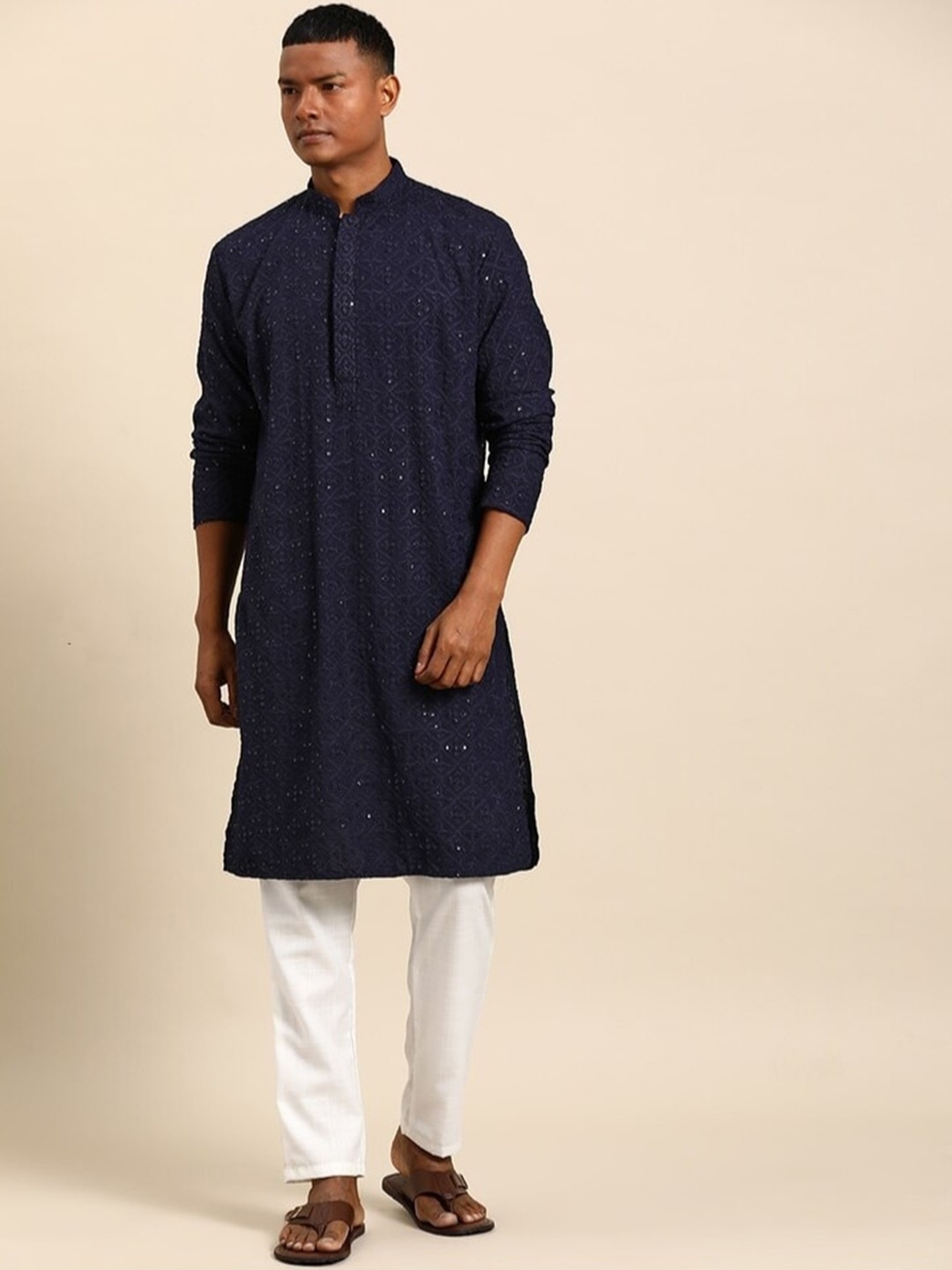 

Molly & Michel Ethnci Motifs Embroidered Sequined Kurta, Navy blue