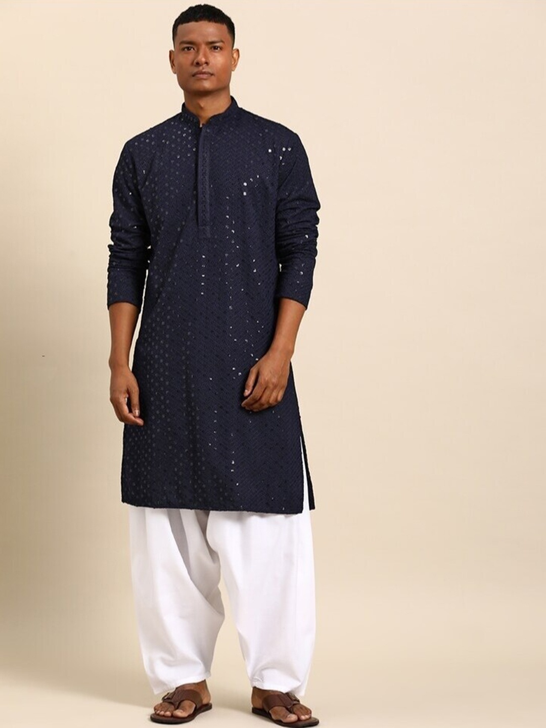 

Molly & Michel Ethnic Motifs Embroidered Sequinned Pure Cotton Kurta, Blue