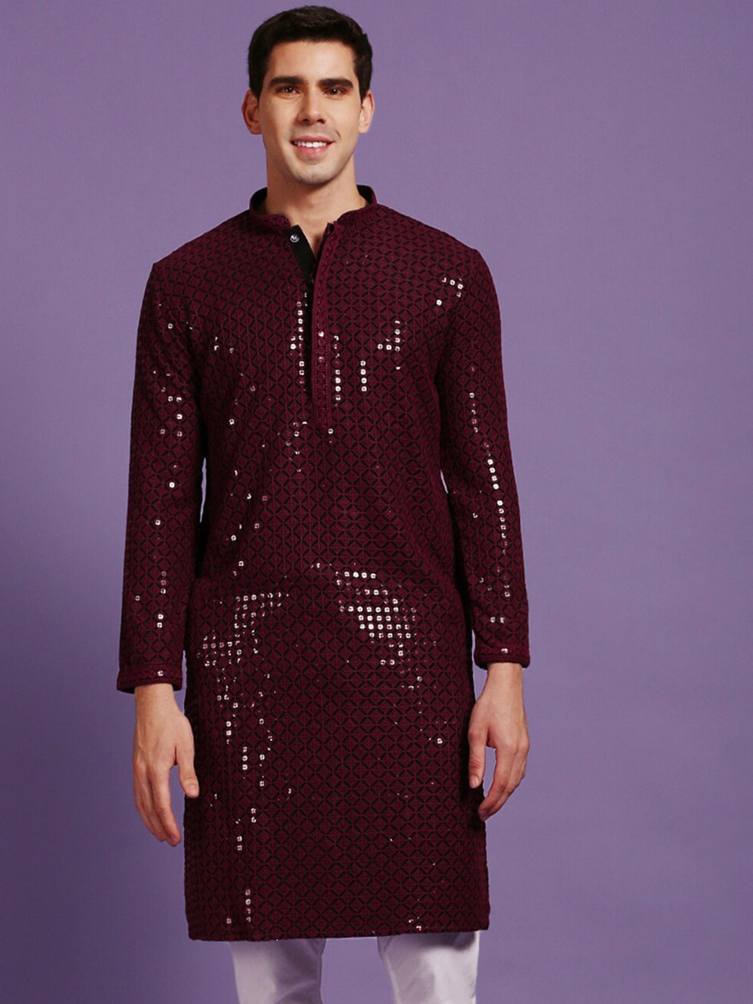 

Sanwara Sequin Embellished Mandarin Collar Cotton Kurta, Maroon