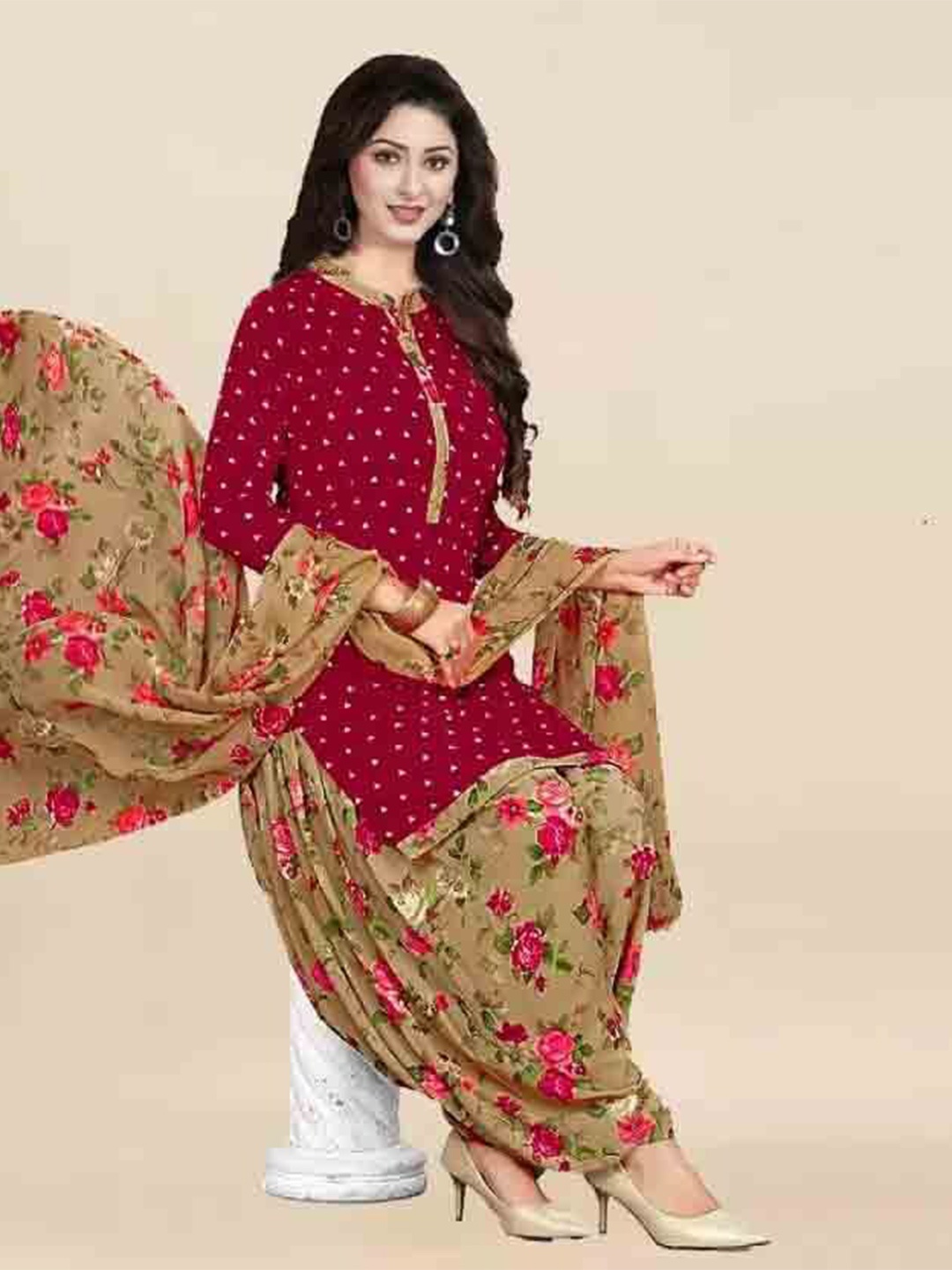 

MAGMINA Floral Printed Unstitched Dress Material, Red