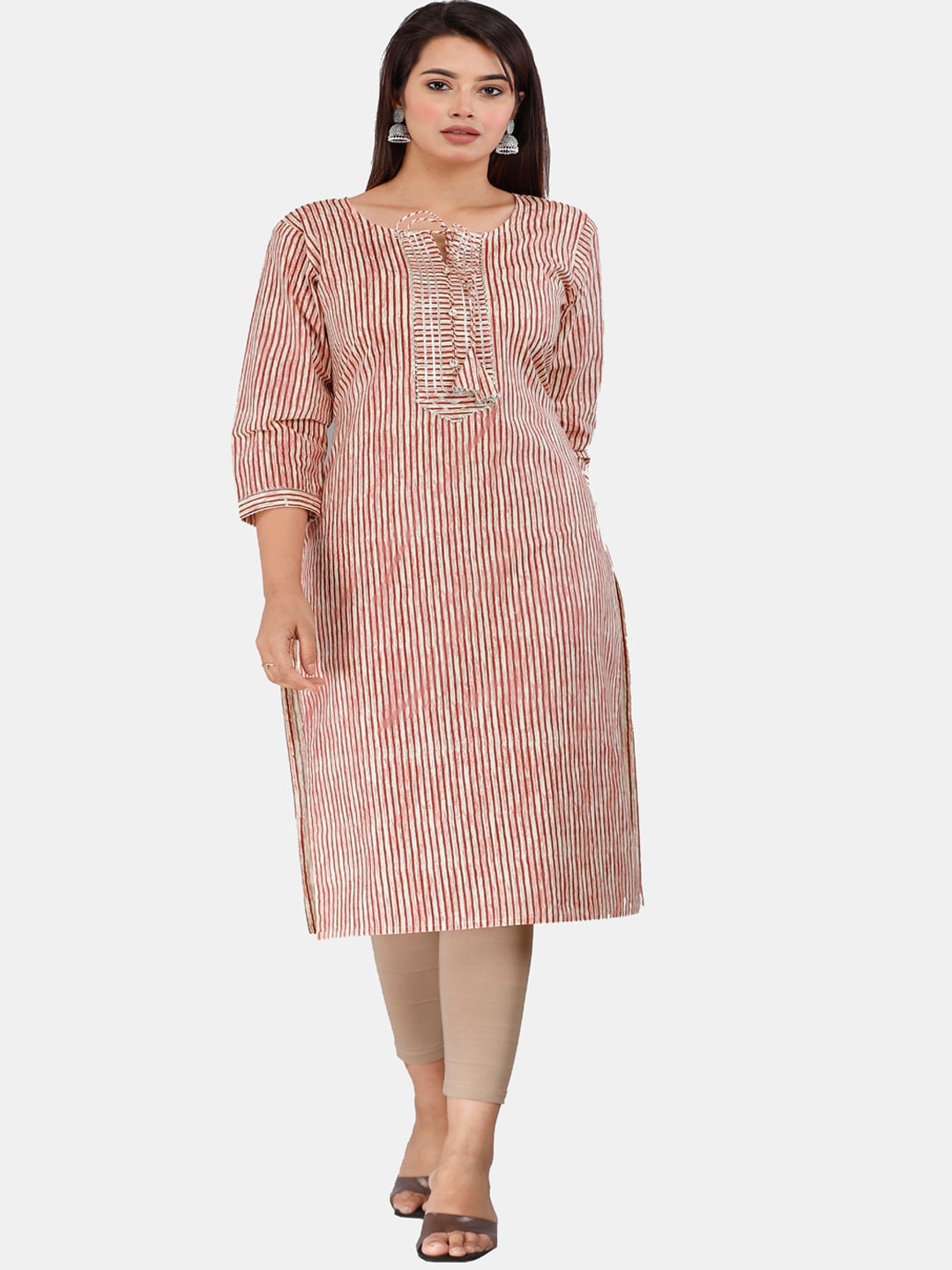 

KALINI Tie Up Neck Striped Gotta Patti Kurta, Peach