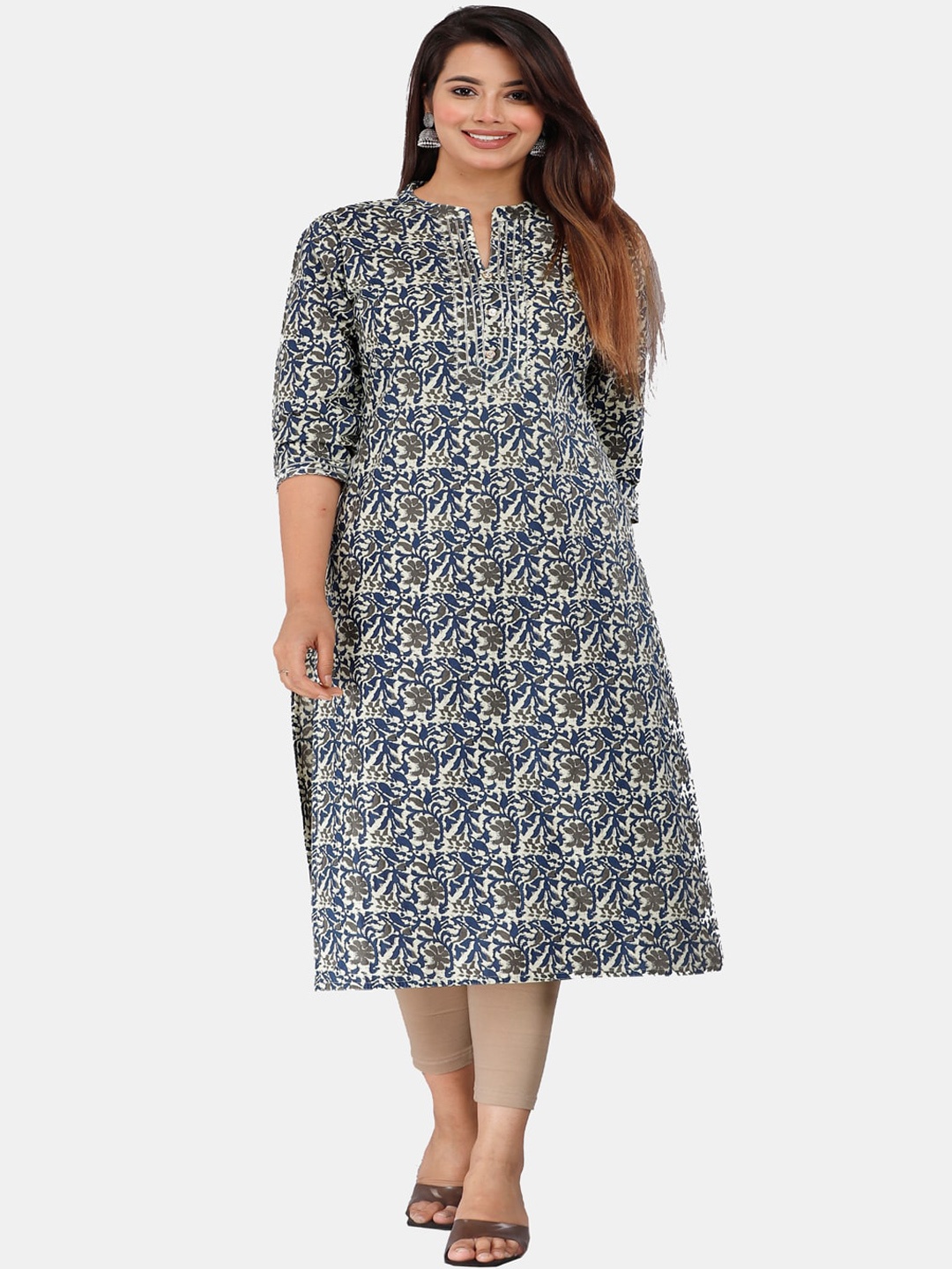 

KALINI Ethnic Motifs Printed Gotta Patti Cotton A-Line Kurta, Blue