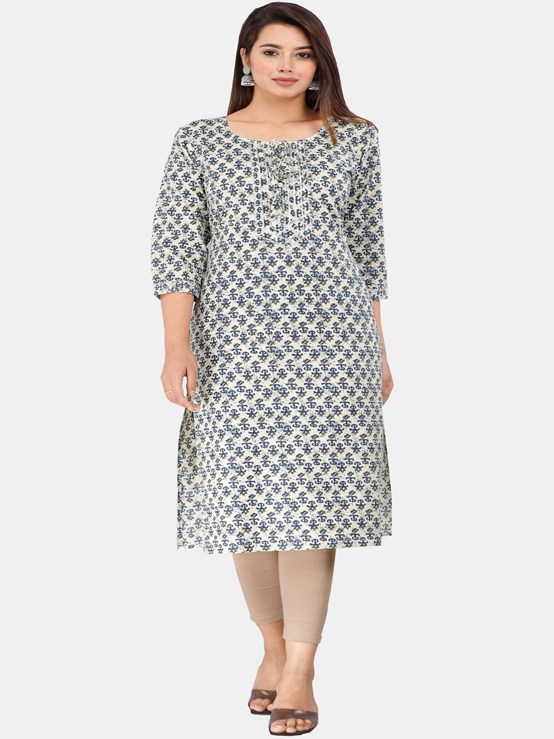 

KALINI Tie Up Neck Ethnic Motifs Printed Gotta Patti Pure Cotton Kurta, Blue
