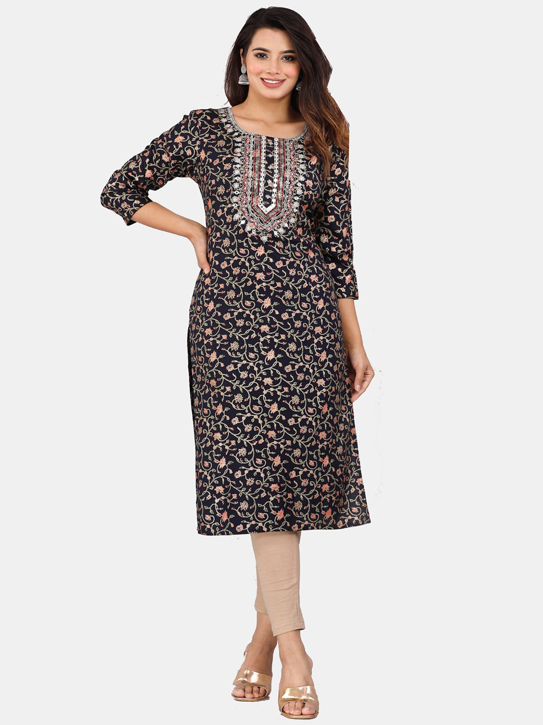 

KALINI Ethnic Motifs Printed Mirror Work Kurta, Black