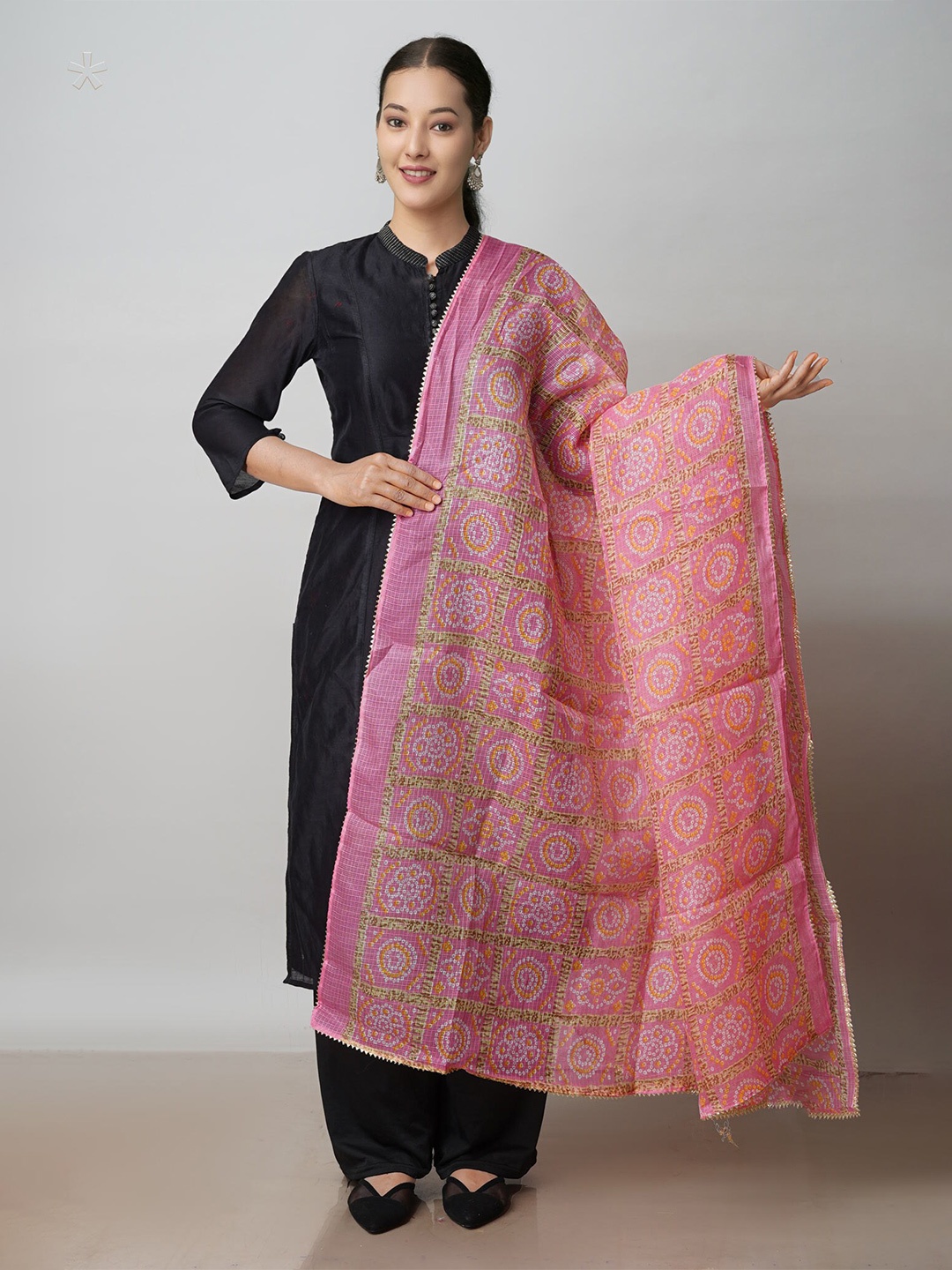 

Unnati Silks Bandhani Printed Gotta Patti Silk Dupatta, Pink