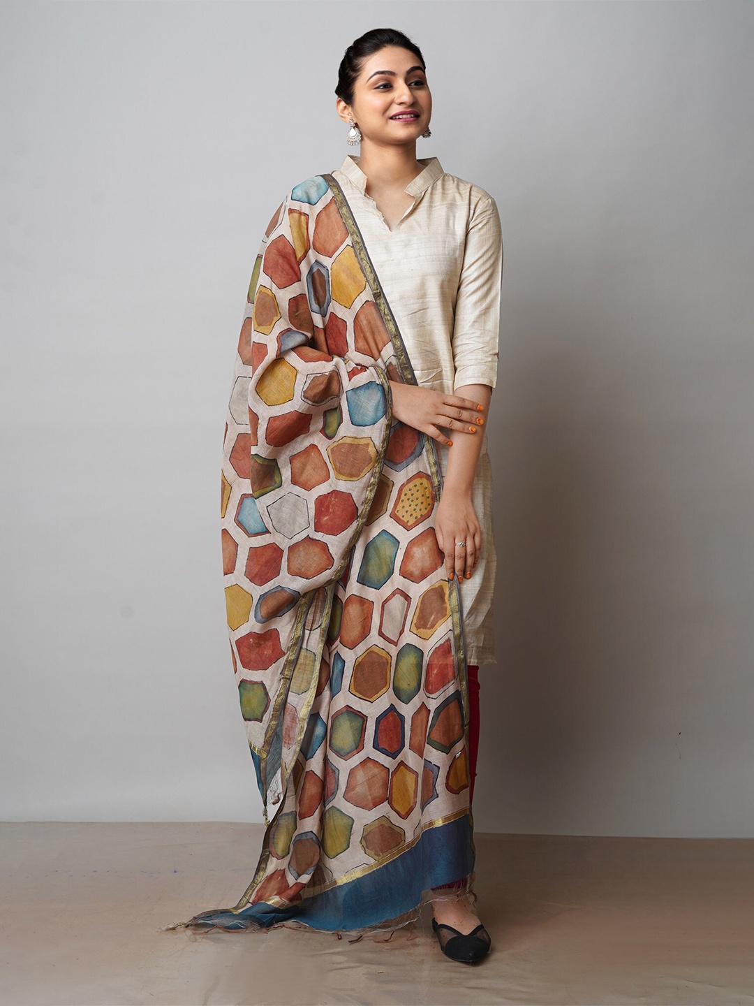 

Unnati Silks Printed Cotton Silk Kalamkari Dupatta With Zari, Beige