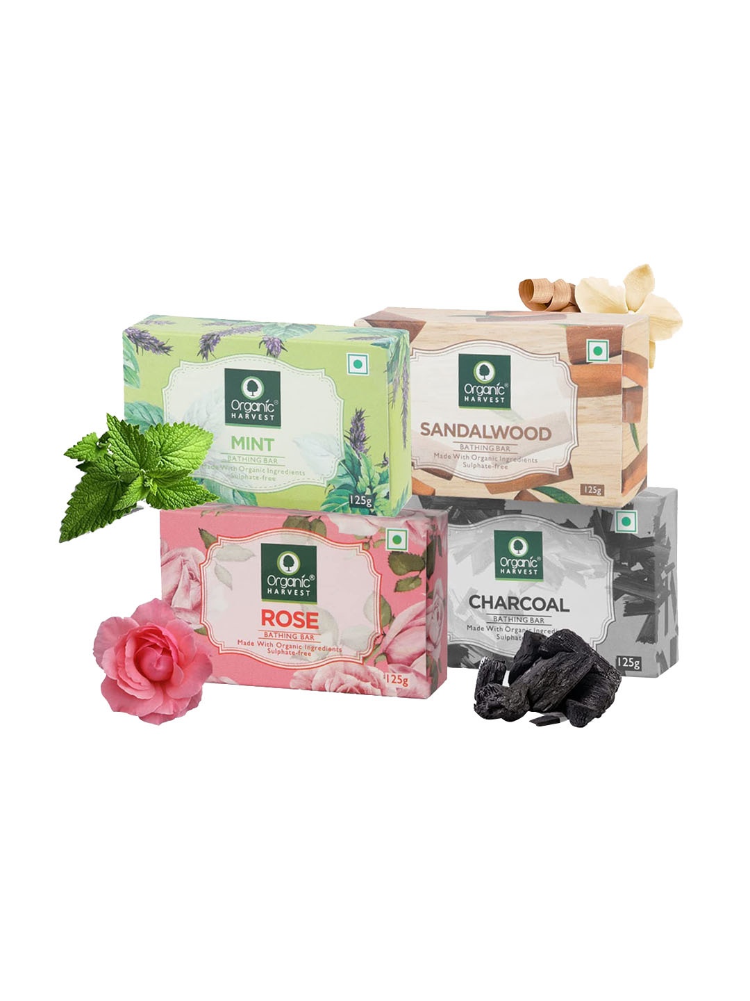 

Organic Harvest Set of 4 Soap Bathing Bars 125g each - Rose + Mint + Charcoal + Sandalwood, Green