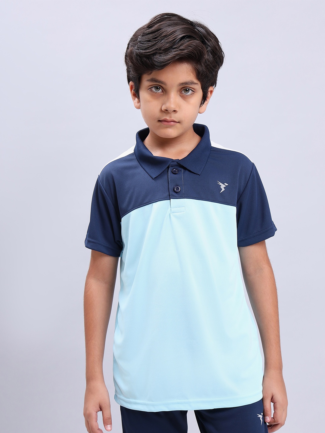 

Technosport Boys Colourblocked Polo Collar Antimicrobial Slim Fit Sports T-shirt, Blue