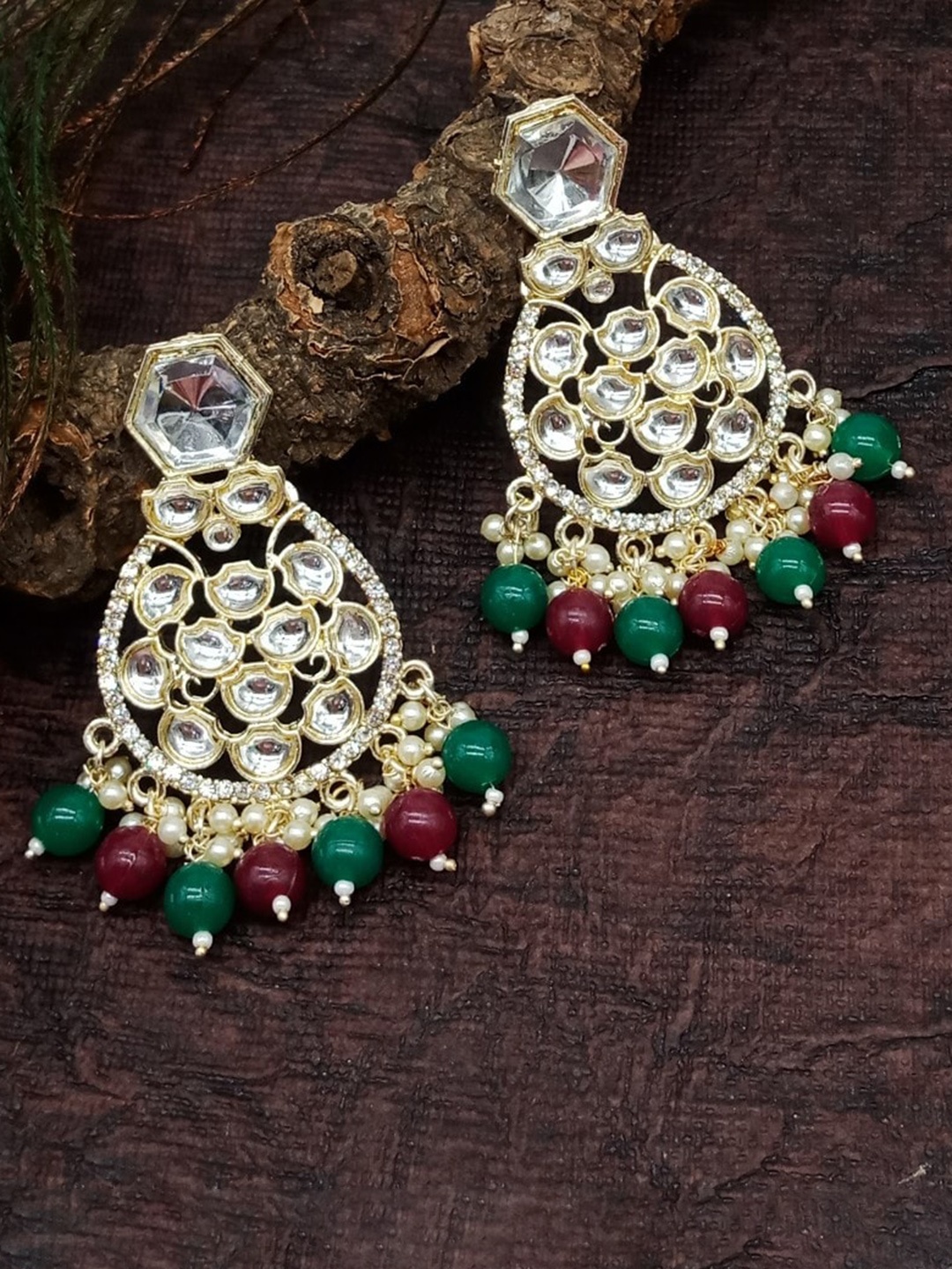 

AASHISH IMITATION Gold Plated Contemporary Kundan Studded & Beaded Drop Earrings