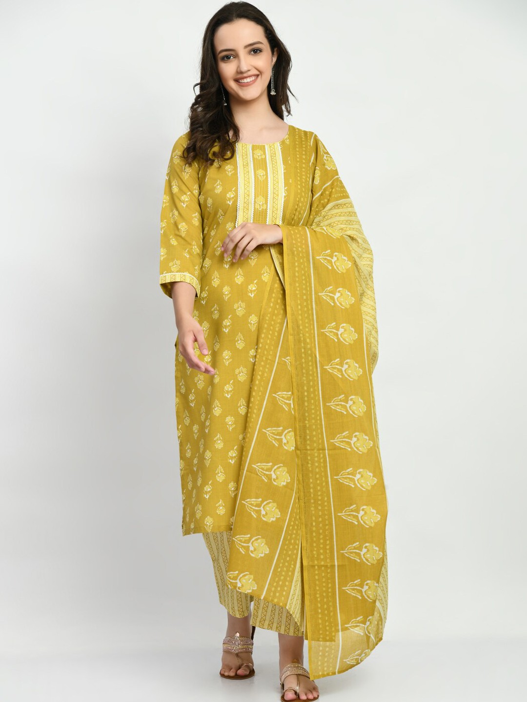 

KALINI Floral Printed Regular Pure Cotton Kurta With Trousers & With Dupatta, Mustard